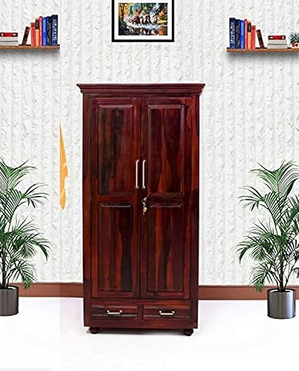 Wood World Furniture Sheesham Wood Wardrobe with 2 Drawer and 4 Shelves Storage for Bedroom Wooden Almirah for Clothes for Living Room Bedroom Home, Solid Wood Furniture (Teak)
