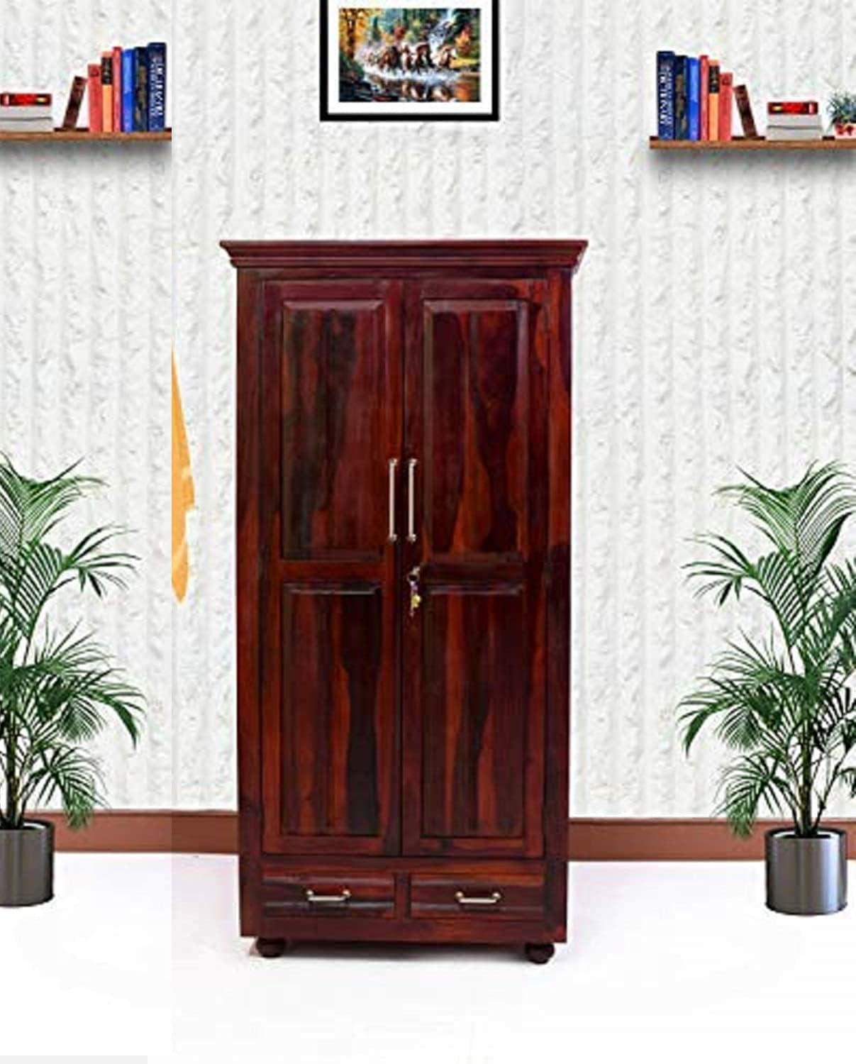 Furniseworlds Sheesham Wood Wardrobe with 2 Drawer and 4 Shelves Storage for Bedroom Wooden Almirah for Clothes for Living Room Bedroom Home, Solid Wood Furniture (Teak)-image-22