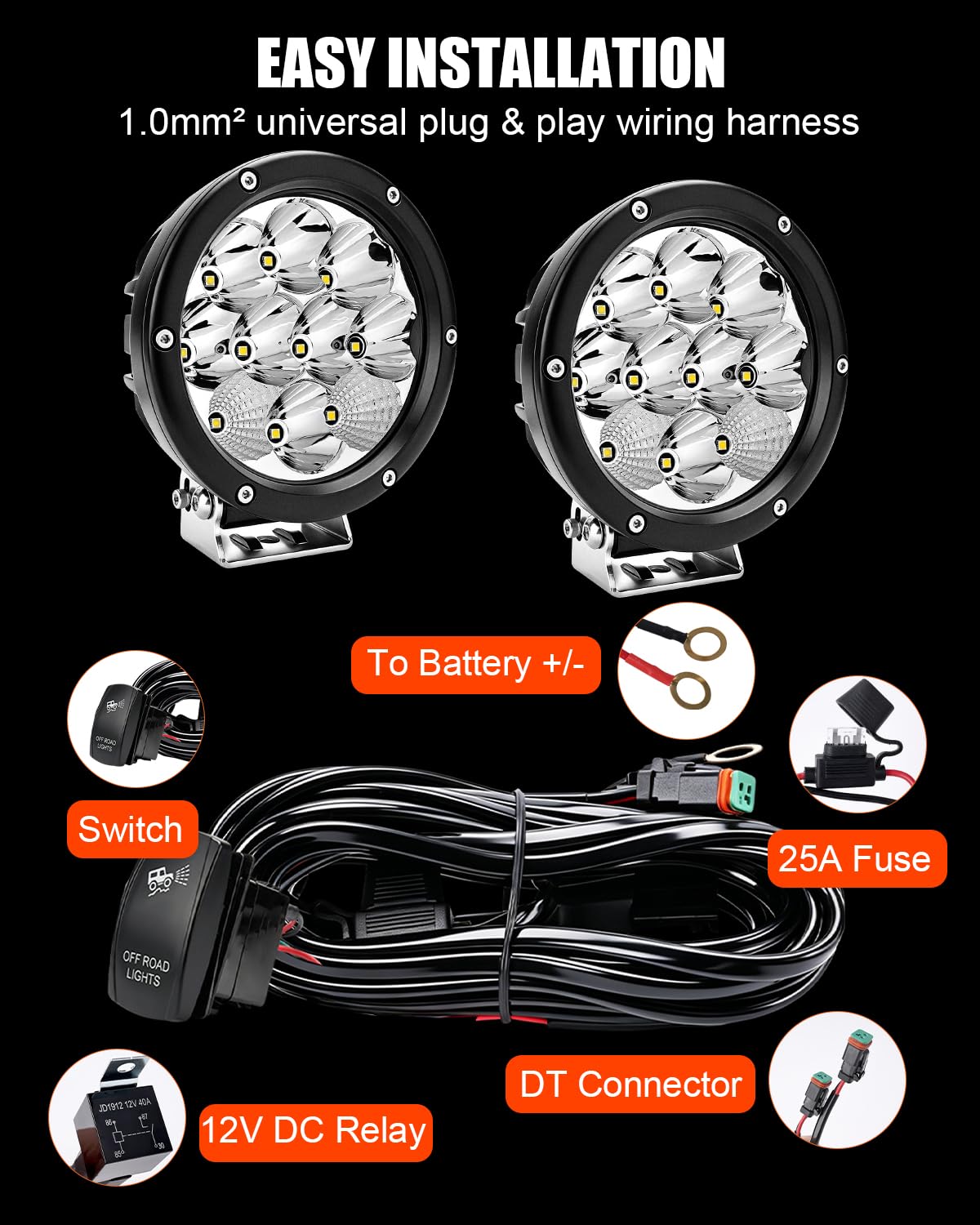 Chelhead Reflektor roboczy LED okrągły 50 W, 5,7 cala, 6500 lm, reflektor punktowy i floodowy, wodoodporny IP68, zestaw okablowania 1 mm², kompatybilny z 10-30 V DC quad SSV SUV pickup (biały)