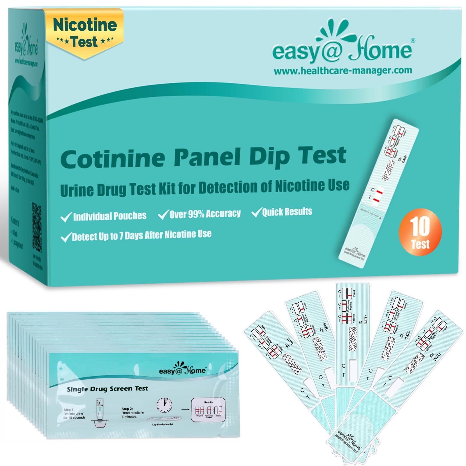 Easy@Home Nicotine Urine Test Kit 10 Pack, CLIA Waived OTC Cotinine Detection Strips for Tobacco Screening, 200 ng/mL Cutoff Level -#ECOT-114