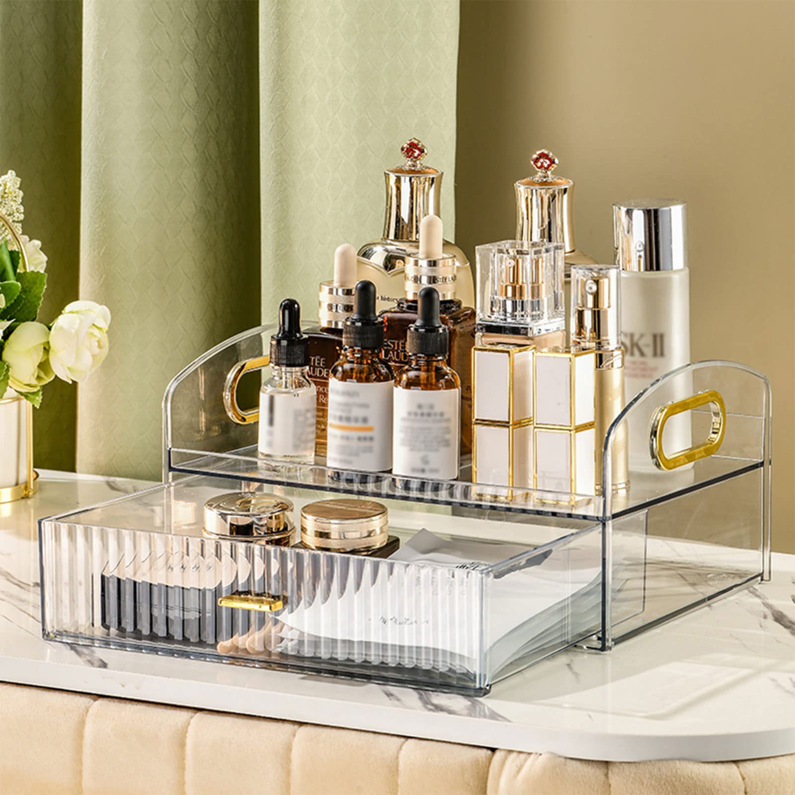 DASITON Make up Organizer mit Schubladen,Große Kapazität Skincare Organizer,Retro Badezimmer Dresser Schlafzimmer Kosmetik Organizer,Acryl Kosmetik Aufbewahrung für Schminke und Schmuck(Transparent)
