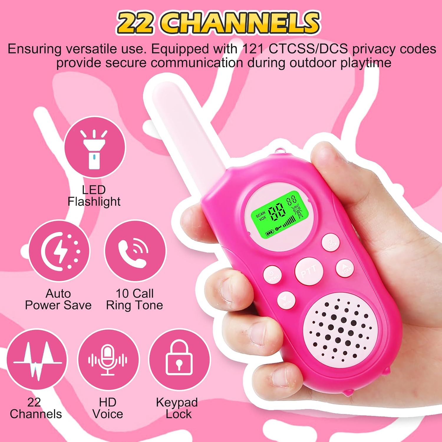 Walkie Talkies for Kids 22 Channels Long Range 2 Way Radio Toys for 3-12 Ages with LCD Flash Light,Birthday Gifts for 4 5 6 7 8 9 Years Old Boys Girls for Camping Hiking Indoor Outdoor (Pink)