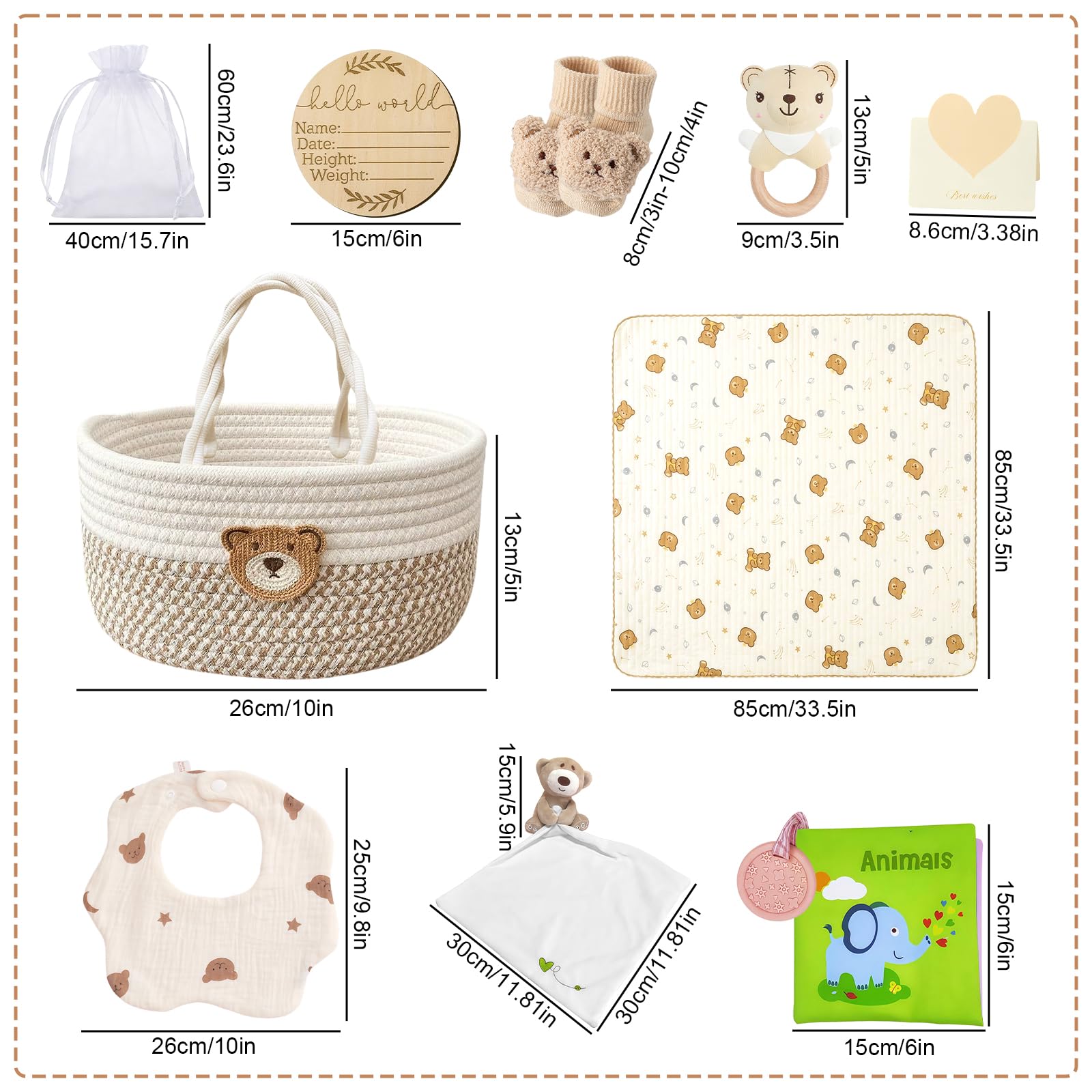 Regalo per neonati, 10 pezzi, grande cesto regalo per neonati, set regalo per bambini/ragazze, libro sensoriale, coperta, calzini fasciatoio, sonaglio, bavaglini, carte miliari