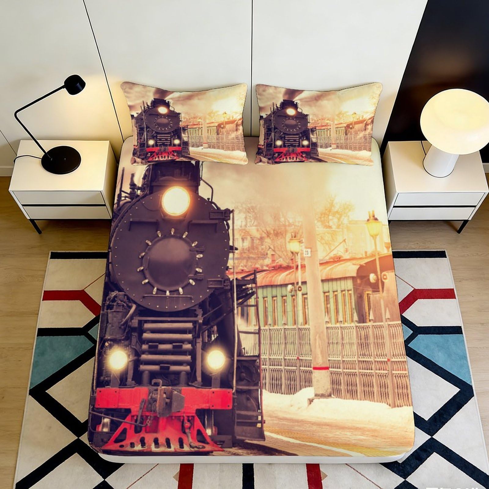 3D Printed Vintage Steam Train Fitted Sheet Microfiber Soft Railway Landscape Bed Cover for Bedroom Guest Room Decor 90x200x25cm