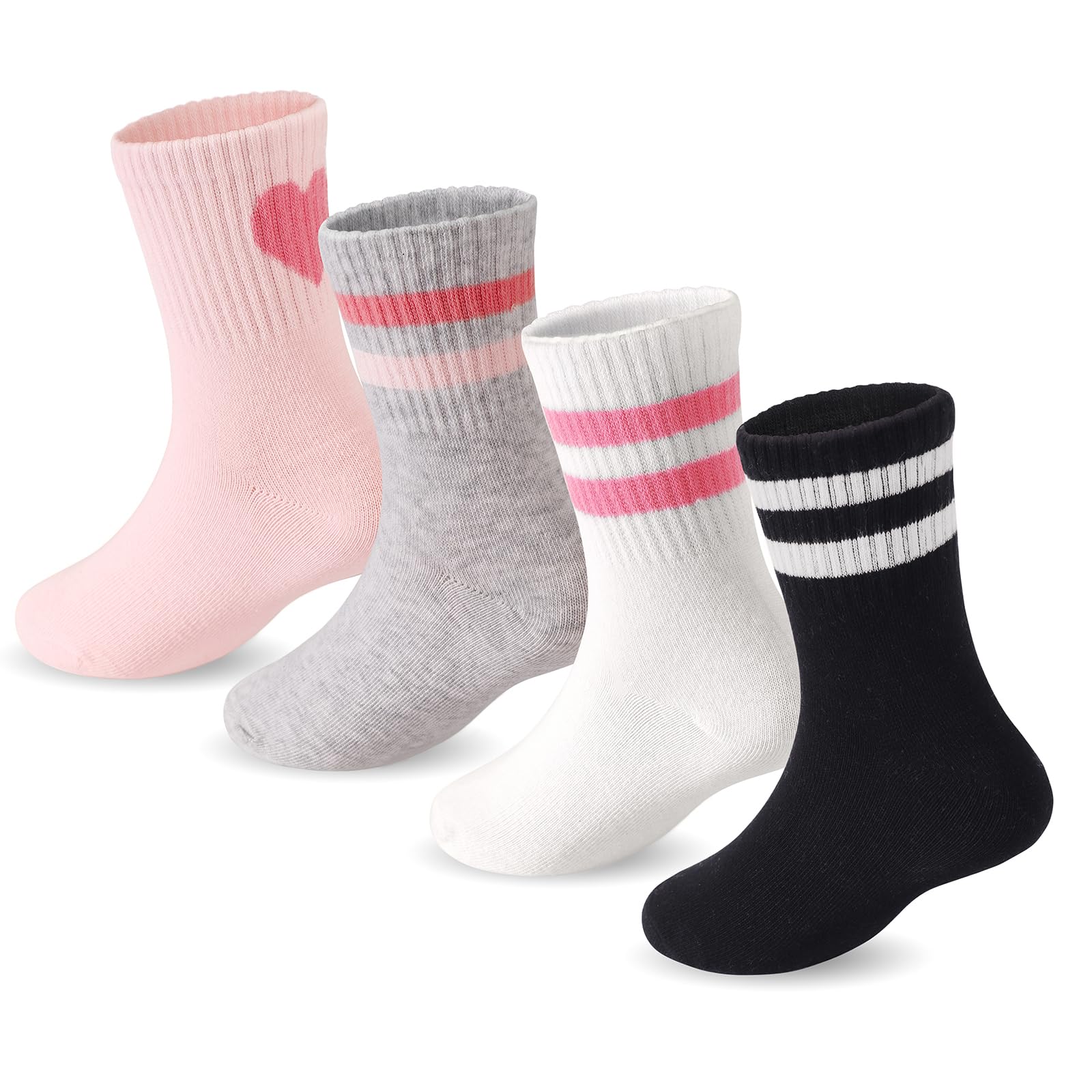 DRESHOW Girls Crew Socks Kids Athletic Socks with Hearts Striped 4 Pairs for Children 4-7 Years