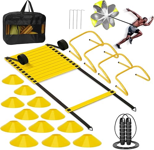 Miniatura 8 de Escalera de agilidad, juego de equipos de entrenamiento de fútbol, 4 obstáculos de agilidad, escalera de velocidad de 20 pies, paracaídas para