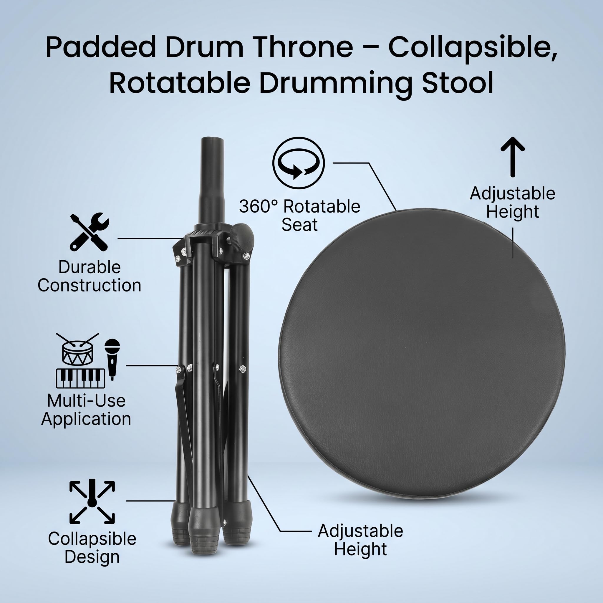 Zerodis Trono per Batteria in Metallo Ad Altezza Regolabile per Strumenti a Percussione con Comodo Sedile Imbottito per Batteristi e Tastieristi Sgabello per Batteria Girevole