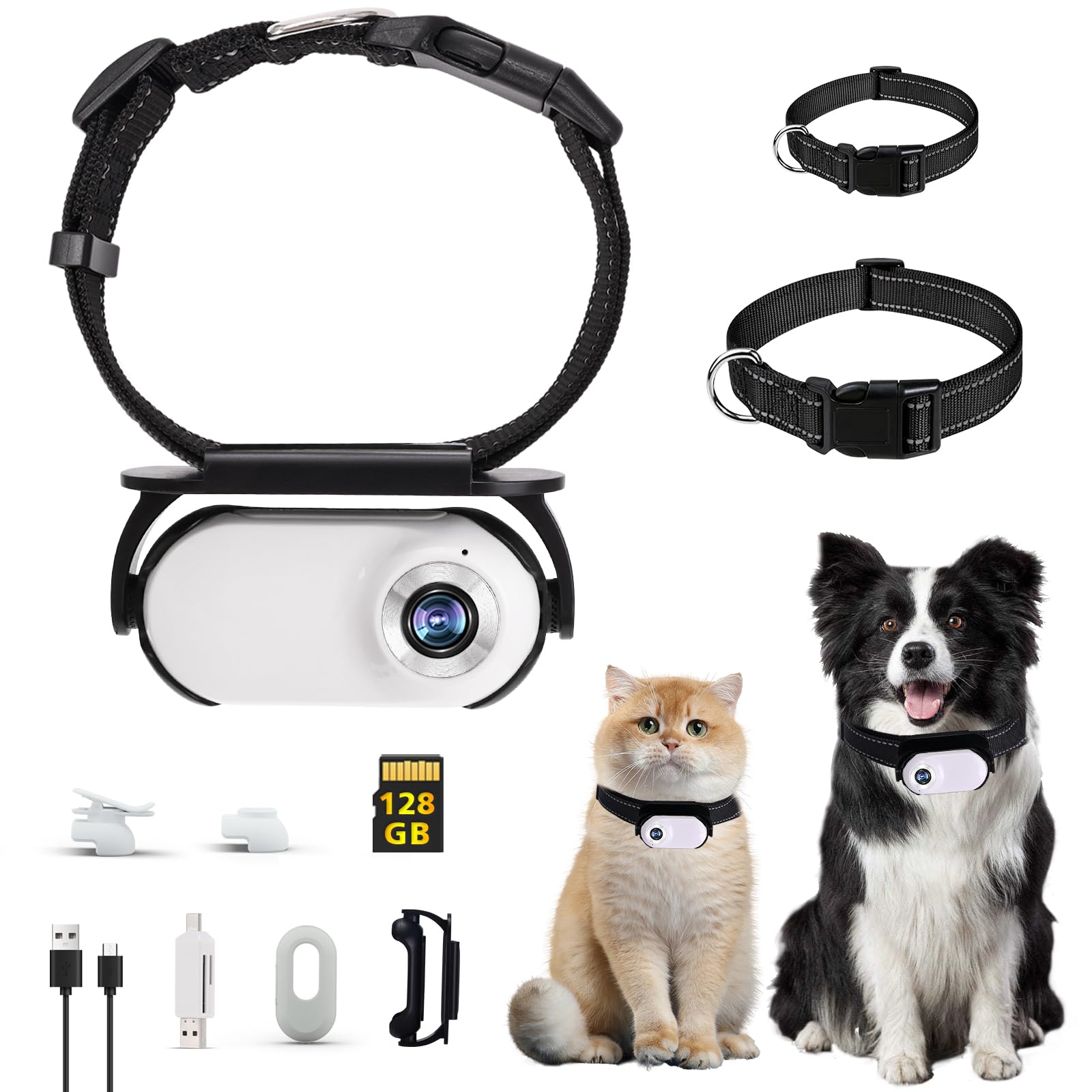 Collier d'appareil photo pour chat blanc 128 G avec pinces pour chiens et chats