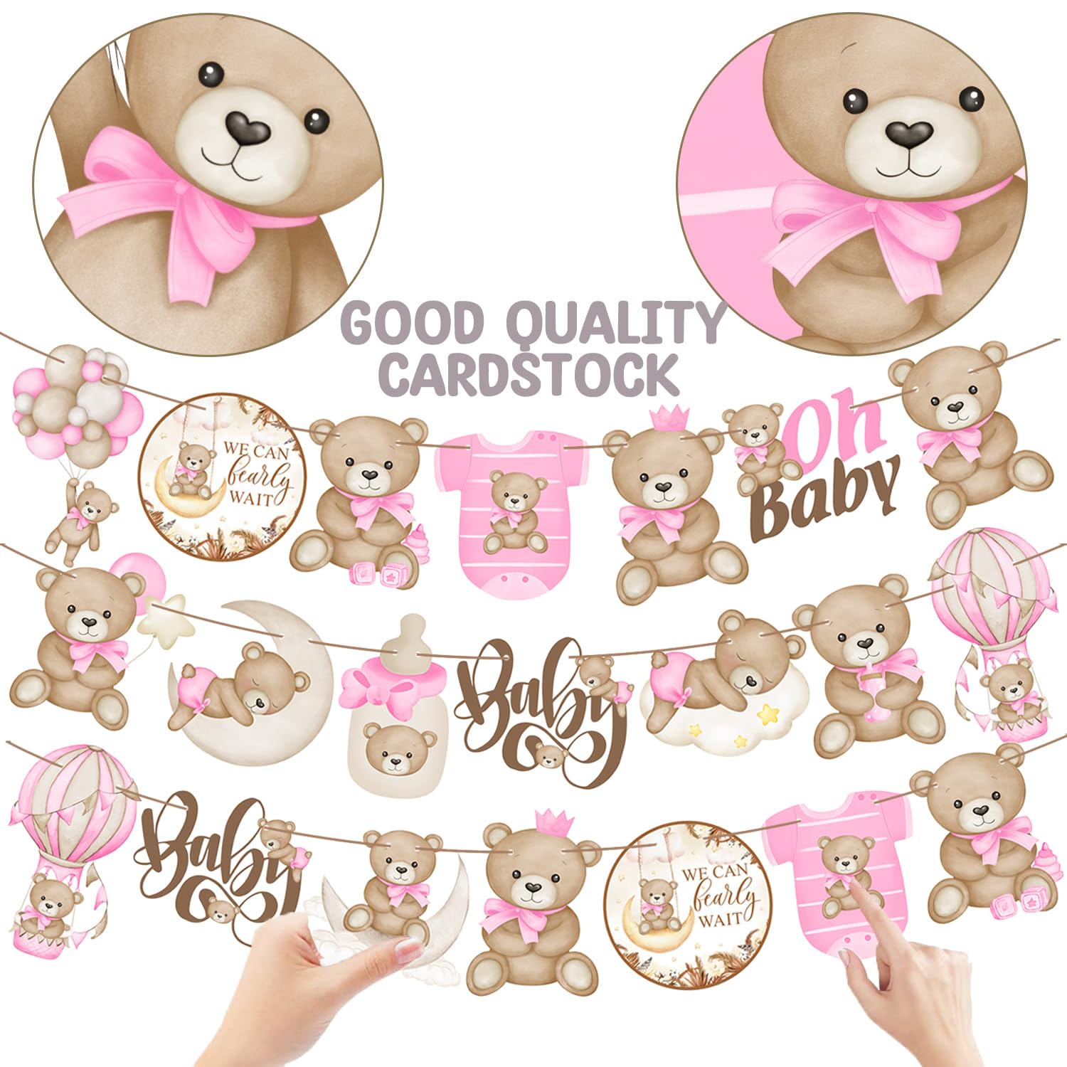 Pancartas rosas con texto en inglés "We Can Bearly Wait" para baby shower, decoración de fiesta de oso para baby shower, pancarta de oso de peluche para niñas, suministros de fiesta de cumpleaños