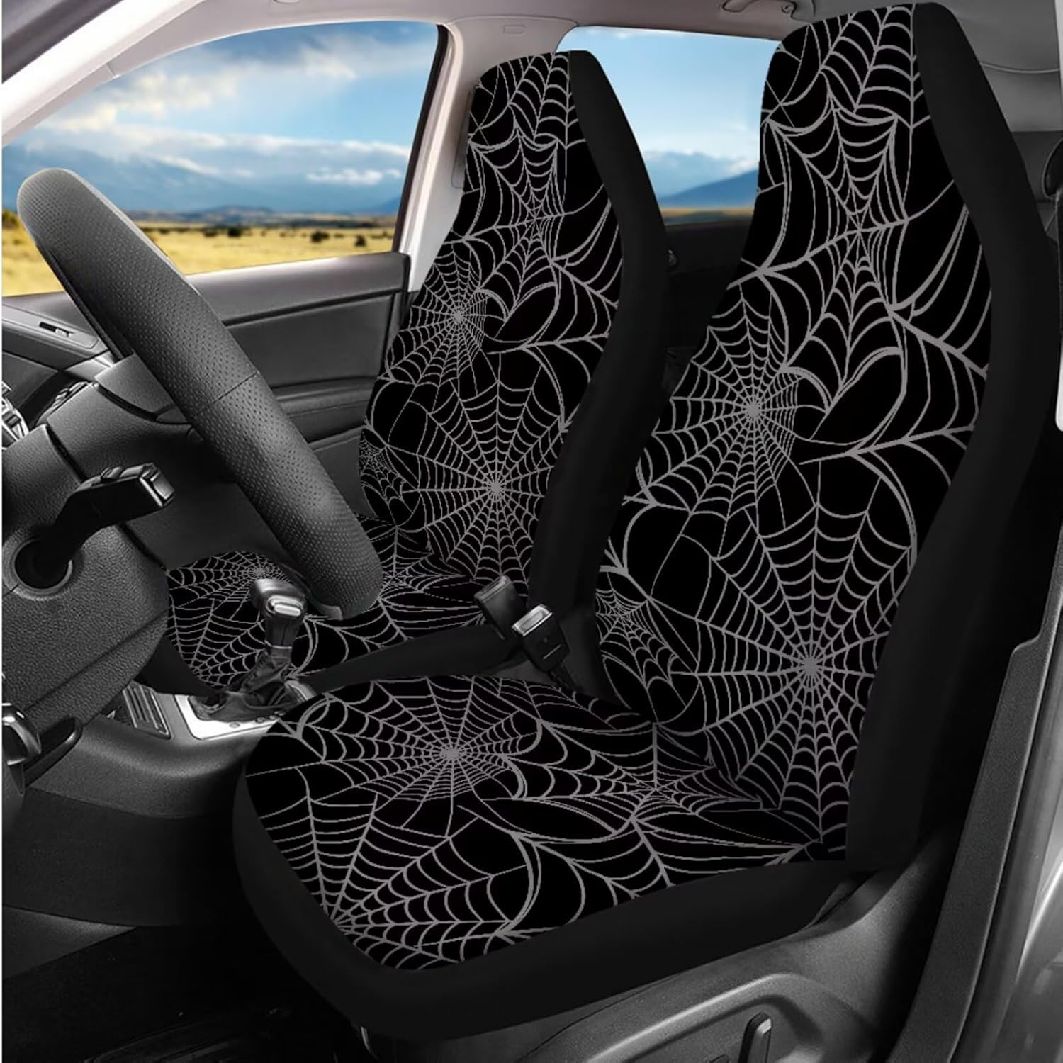 14 Pack Halloween Spider Web Car Seat Covers Full Set with Steering Wheel Accessories Car Seat Belt Cover Arm Rest Cover Cars Head Rest Protector Universal for Auto Truck Van SUV
