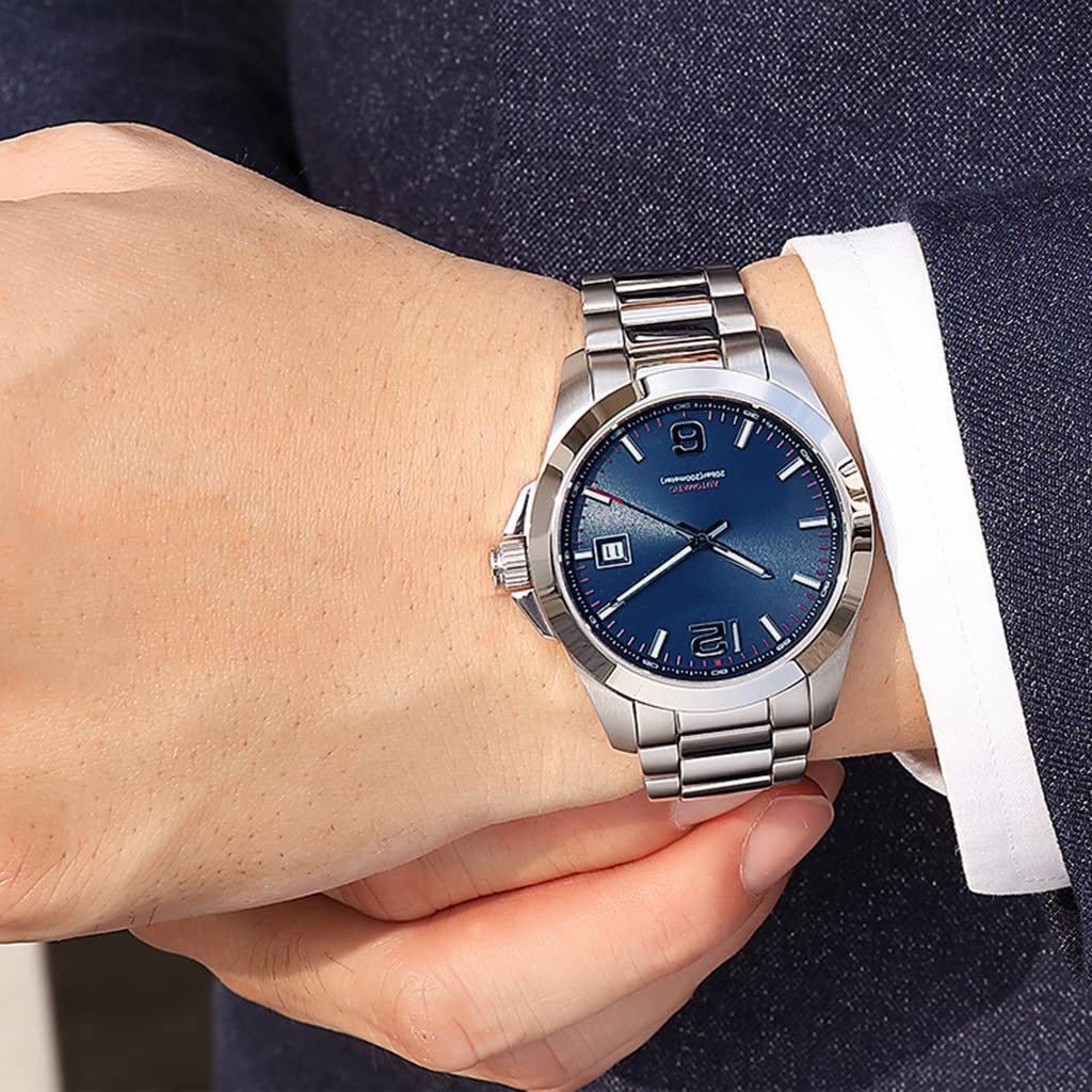 Moda biznesowa męskie mechaniczne zegarki data wodoodporny chronograf zegarki na rękę z lśniącą i stalową opaską