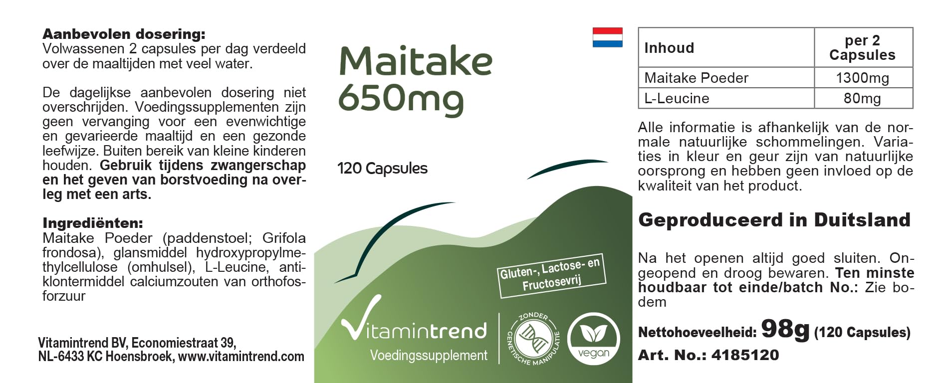 Vitamintrend Polvere di Maitake 650 mg, 120 capsule, ad alto dosaggio, adattogeno, integratore alimentare vegano senza stearato di magnesio, prodotto in Germania