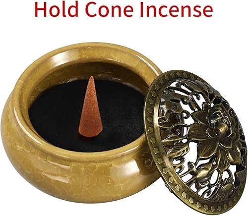 Miniatura 7 de Miupoo Quemador de incienso y soporte de incienso con soporte de palo de incienso de latón, atrapador de cenizas de cerámica, amarillo