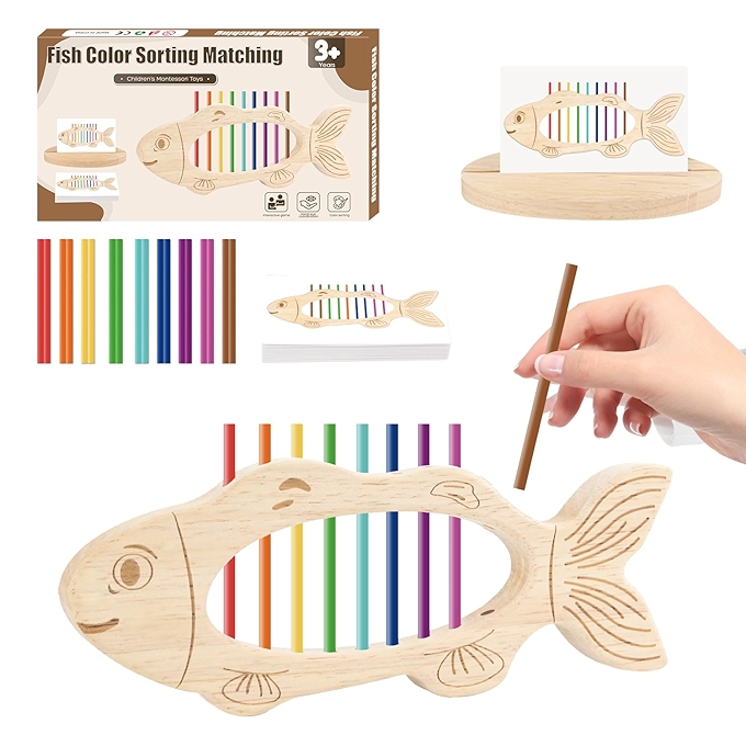 儿童木质鱼形颜色分类玩具 3岁以上适用 发展精细运动技能 蒙特梭利堆叠配对游戏 适合男孩女孩的教育旅行礼物