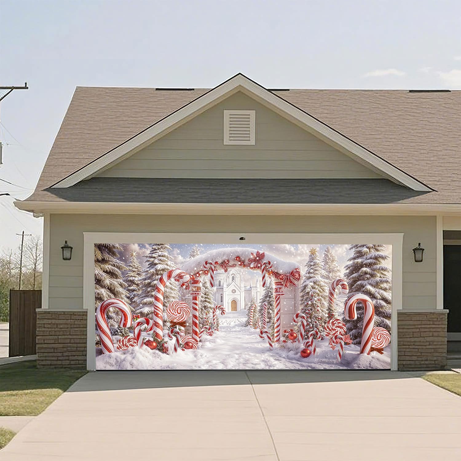 7 x 16 Ft Christmas Garage Door Cover Decorations, Candy Cane Xmas Tree Door Banner Decor Large Wall Background Decorations for Outdoor Holiday