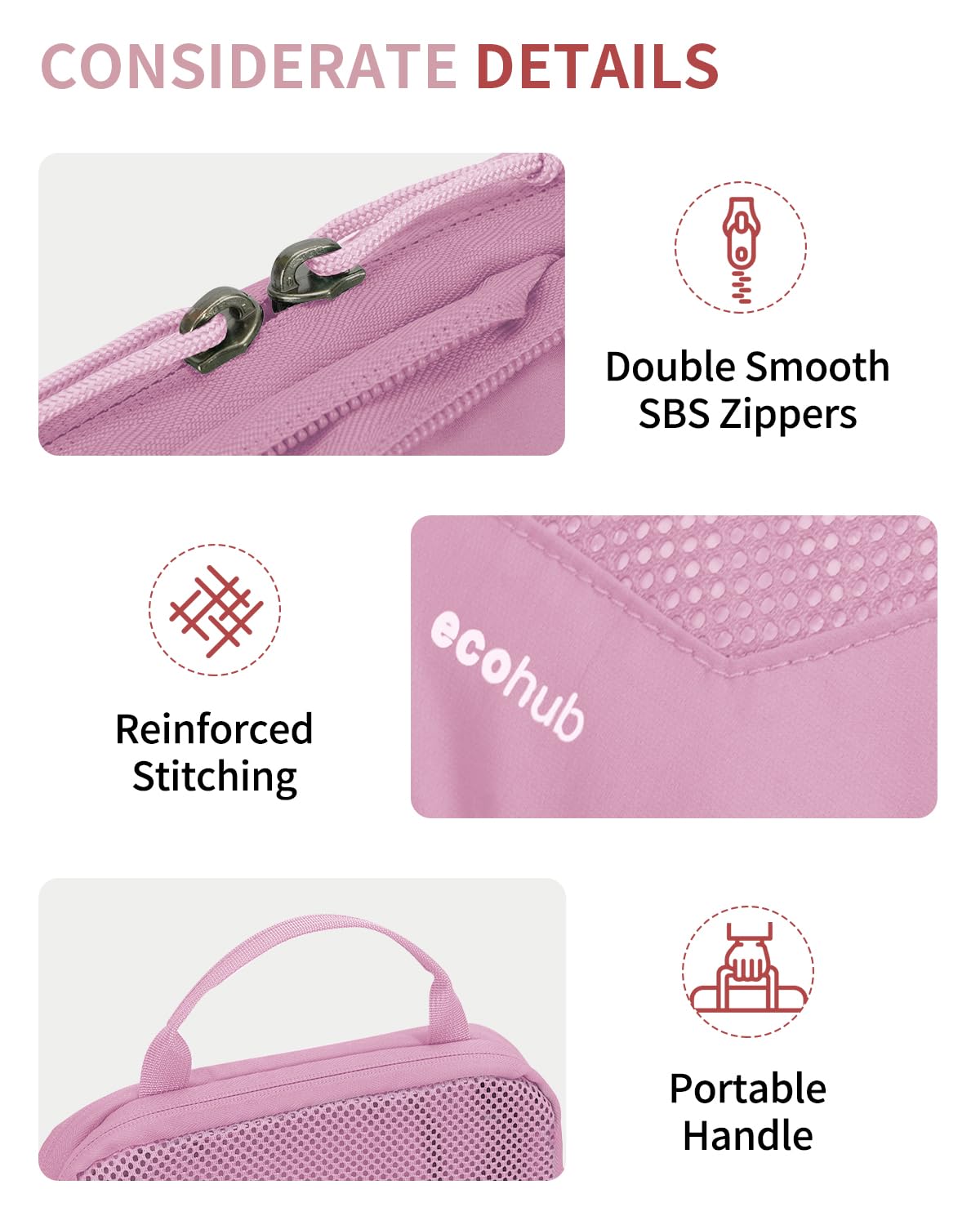 ECOHUB Kompresyjne Kostki do Pakowania 4 szt., Organizer do Walizki z ID Tag, Ekologiczne Packing Cubes, Wytrzymałe Torby Podróżne z Siatką, System Oszczędzający Miejsce(Różowy)