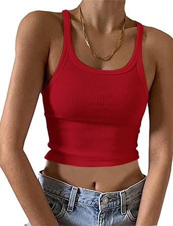 KAMISSY Womens Sleeveless Crop Tank Top Slim Fit Scoop Neck Ribbed Knit Basic Crop Cami Shirts Tops