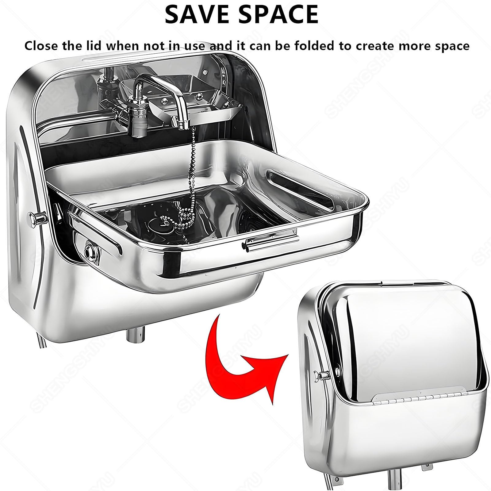 RV Lavabo de mano pequeño rectangular con drenaje de filtro y estante para campistas y yates