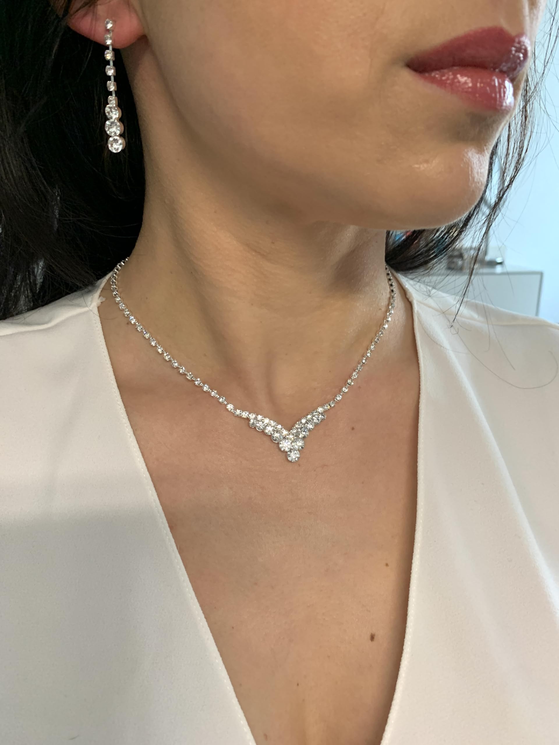 3er Set V Schmuck Damen – Silber Strass Collier Halskette mit Ohrringen & Armband – Verstellbare Kette 38–48 cm, elegantes Schmuckset für Hochzeit, Abiball, Kommunion & festliche Anlässe