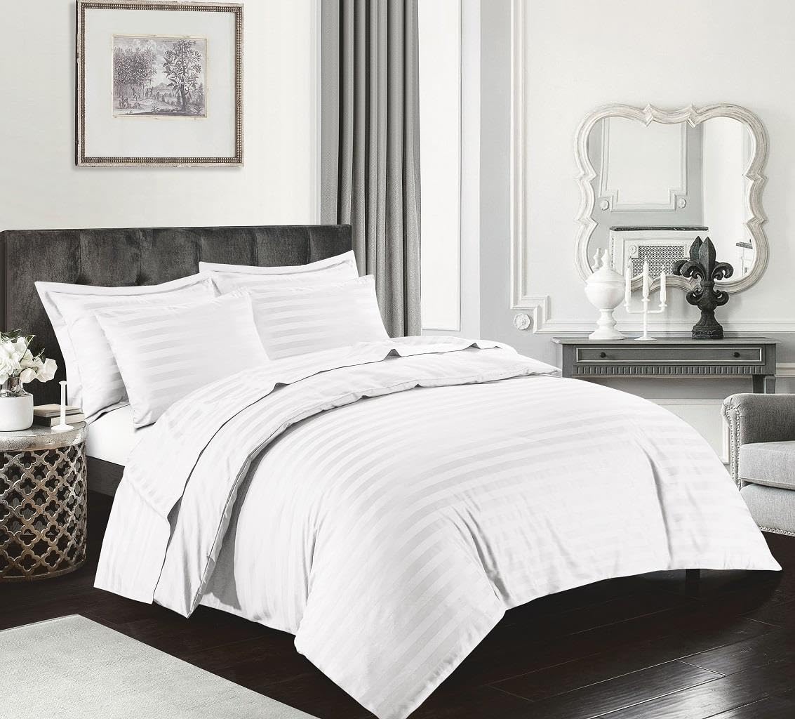 Kampala Hill Egyptian Cotton 400 Thread Count Super King Duvet Hotel Quality Cover Satin Stripe Bedding Set, White