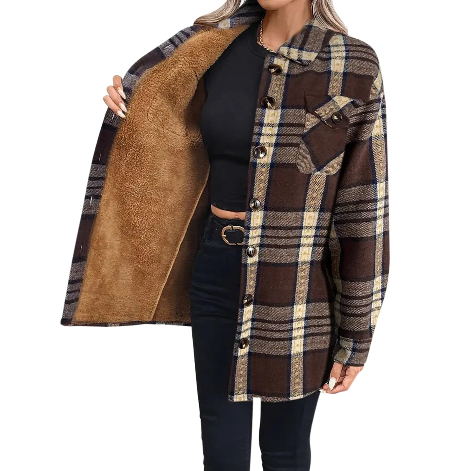 Genérico Chaqueta Polar A Cuadros Para Mujer Elegante Abrigo De Mujer Con Cuello De Solapa Retro Chic CáRdigan VersáTilcóModocáLido Y Holgado Para OtoñO E Invierno Básica
