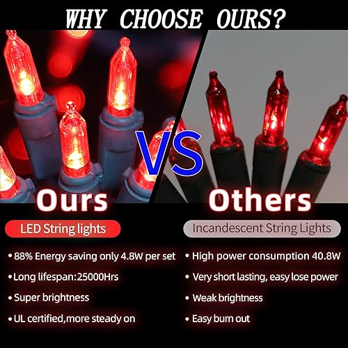 Miniatura 3 de LAMPHOME Guirnalda de 100 mini luces LED rojas, luces LED de Navidad de 21.6 pies, mini luz LED para interiores y exteriores, hogar, fiesta, boda,