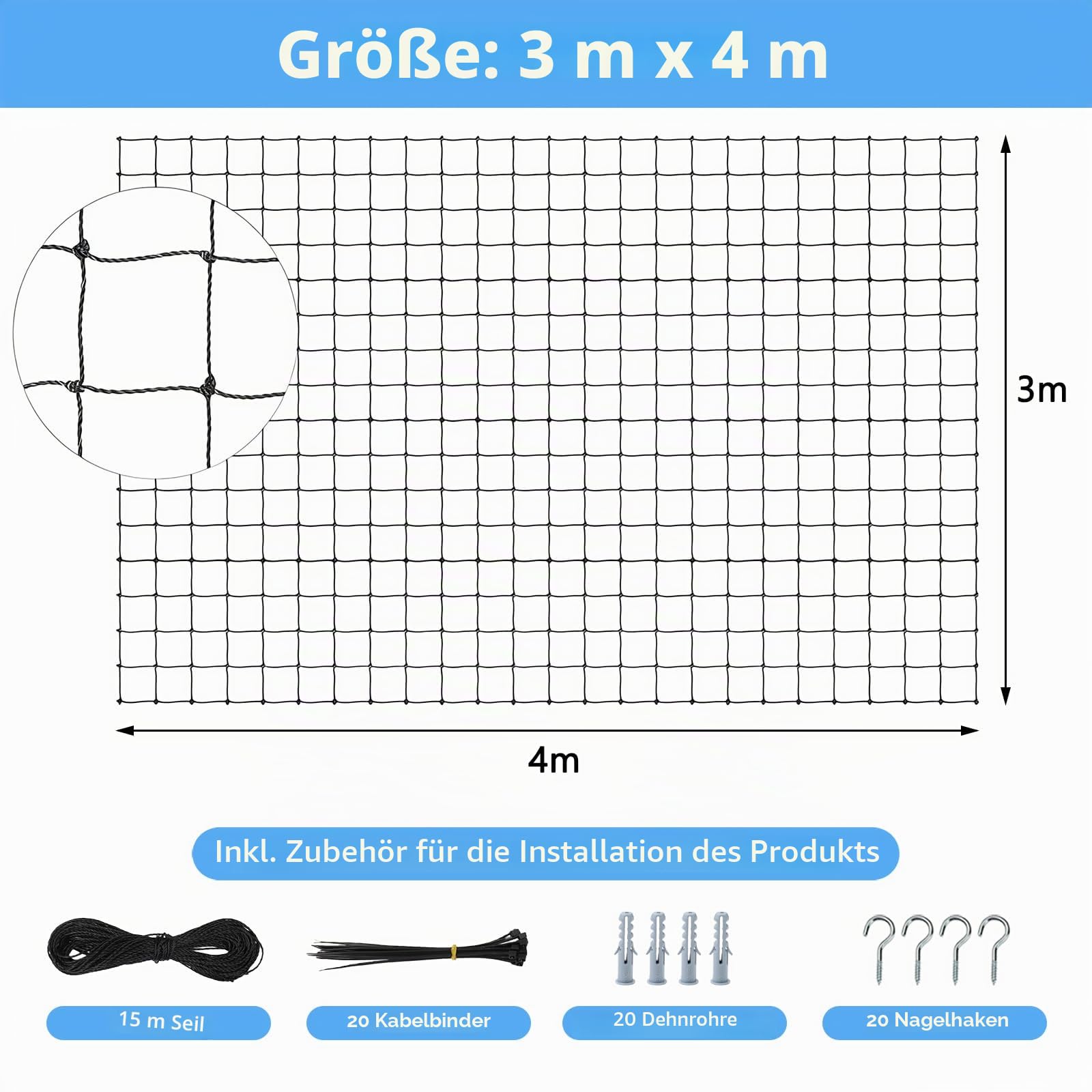 Katzennetz für Balkon, 3x4m Nylon Balkonnetz für Katzen Katzenschutznetz mit Befestigungsseil Nägel Kabelbinder für Fenster, Terrasse, Balkon (Schwarz)