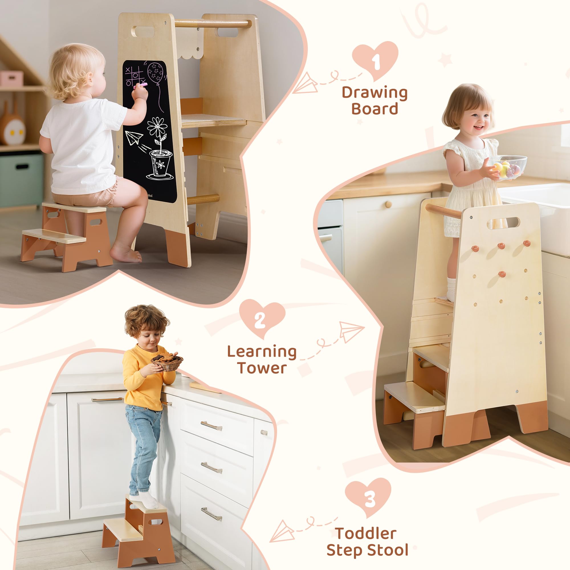 ROBOTIME Montessori taboret do schodków z drewna dla małych dzieci, z balustradą bezpieczeństwa i tablicą – pomocnik kuchenny dla dzieci od 2 lat, meble łazienkowe i dziecięce