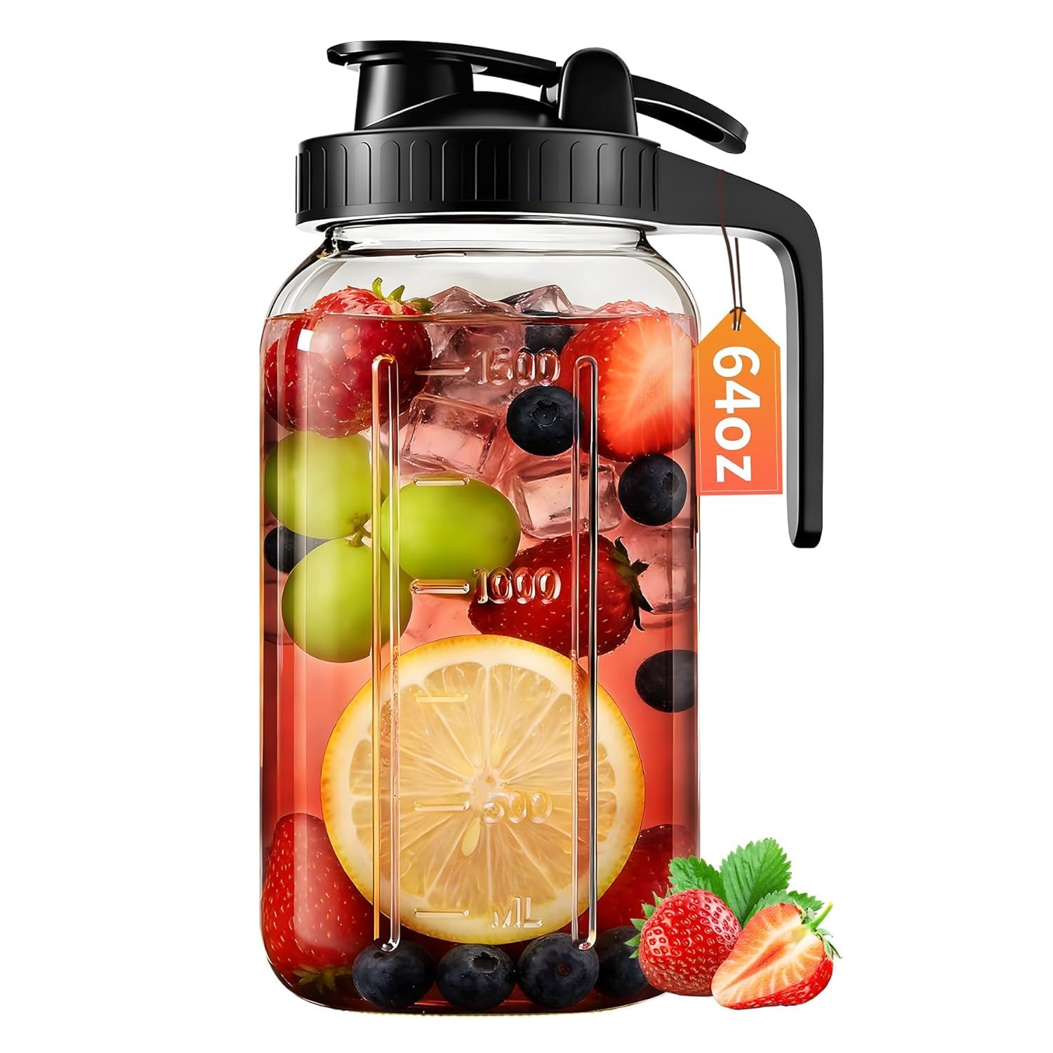 Glass Mason Jar Pitcher with Handle & Airtight Leakproof Lid, 2L Water Jug with Pour Spout, Fridge-Safe Glass Container for Juice, Cold Brew Coffee, Iced Tea, Milk & Beverage Storage-image-32