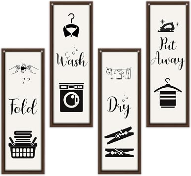 4 Pcs Laundry Room Decor, Put Away Fold Wash Dry Decor Wooden Sign, Funny Minimalist Laundry Wooden Hanging Sign, Laundry Wall Art For Laundry Bathroom Restroom Washroom Home Farmhouse A24