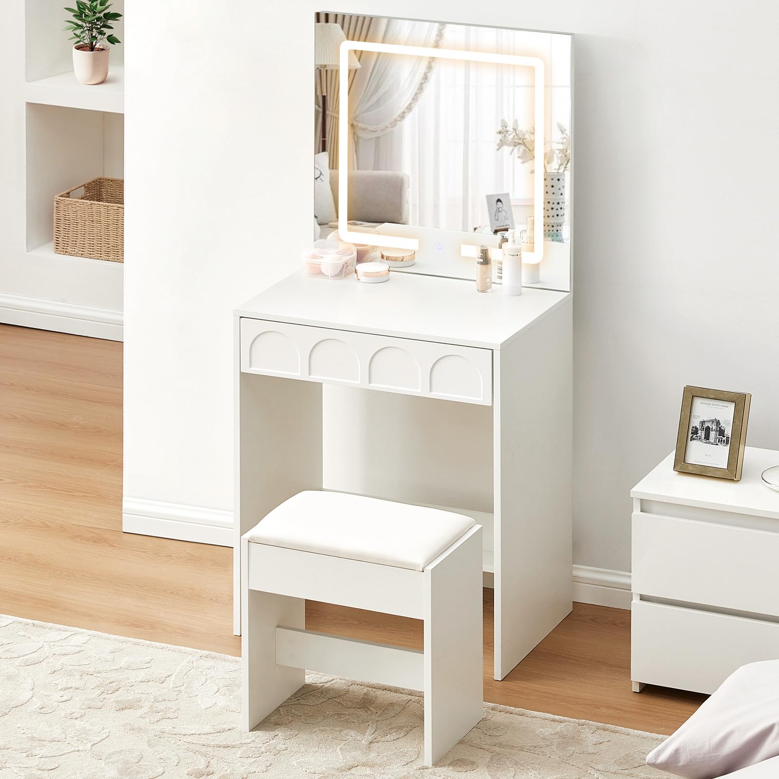 LEMROE Tocador Moderno con Espejo LED Táctil 3 Luces, Mesa de Maquillaje Compacto con Cajón y Taburete, para Espacios Pequeños, Blanco (Blanco)