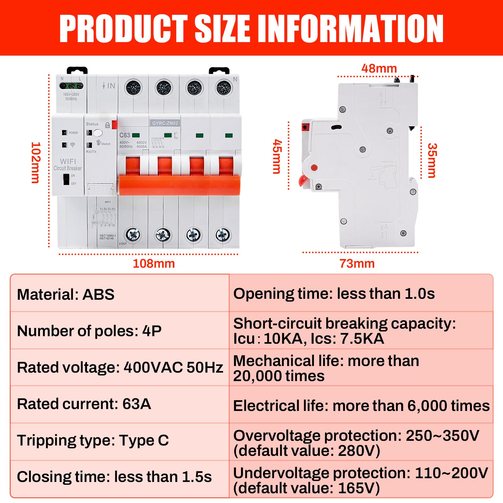 Jadeshay Disyuntor Inteligente WiFi,4P 63A Interruptor Inteligente Rearme Automatico Interruptor Magnetotermico con Protección contra Sobretensión Sobrecarga,WiFi Control Remoto via Tuya o Smart Life