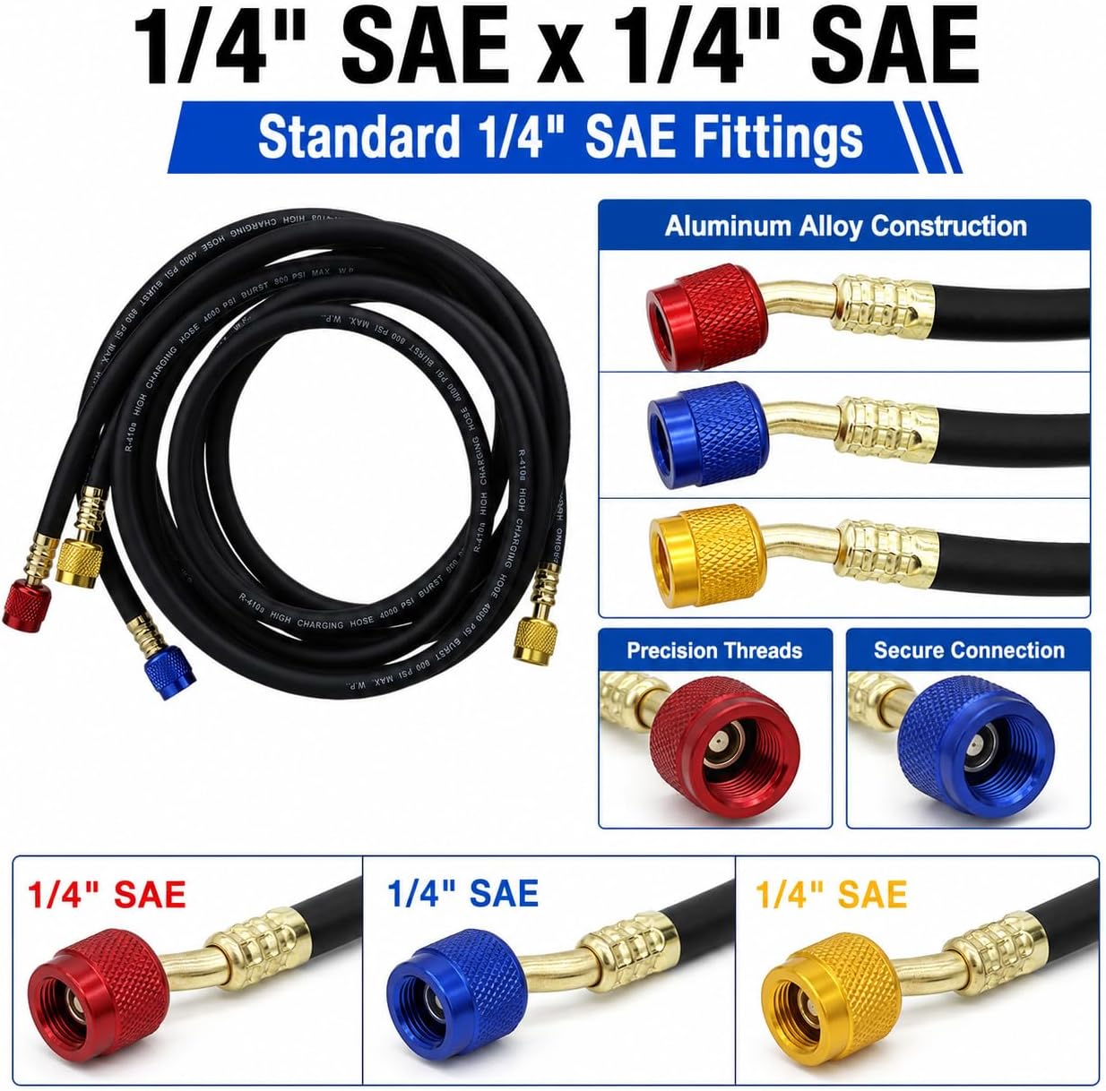 3 Pieces AC Manifold Gauge Hose Kit – HVAC Hoses 59" AC Hose Set Refrigerant Hoses, AC Recharge Hose with 1/4" SAE for R410A R32 R134a, Hose Manifold for Home & Automotive Air Conditioning Maintenance