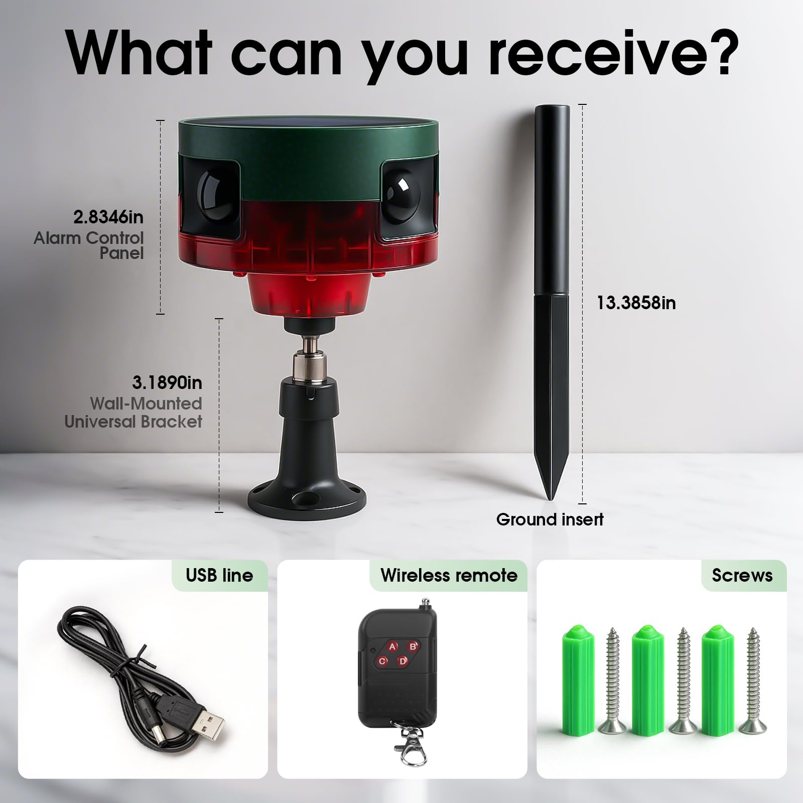 Alarma solar con sensor de movimiento para exteriores, 130 dB de ladridos de perro y sonido de disparo, 13 sonidos, luz estroboscópica, soporta grabación y control de volumen, mantiene a los