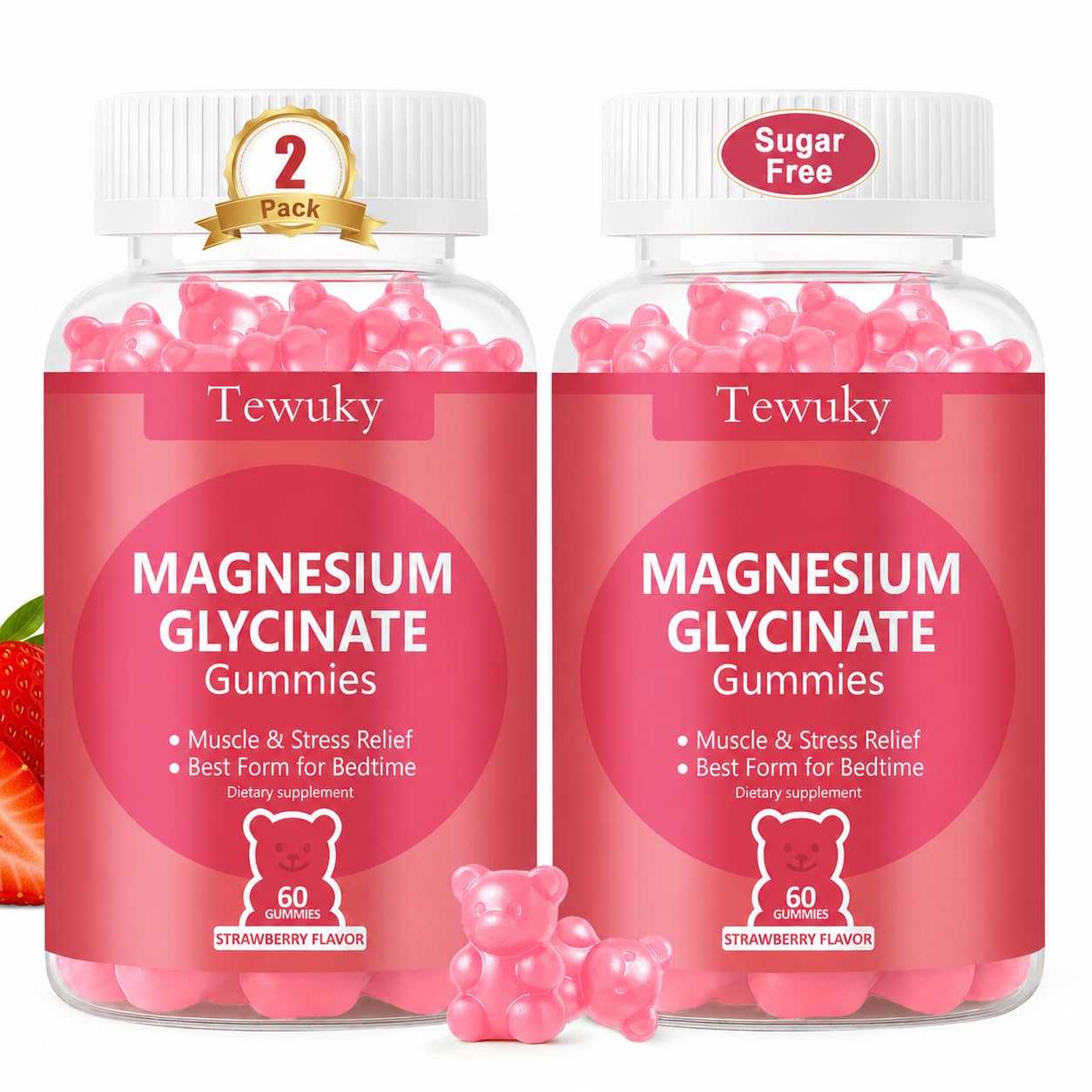 Magnesium Glycinate Gummies 2 Bottles, Sugar-Free for Adults & Kids, Magnesium Gummy for Relaxation, Stress & Muscle Relief, Supports Bone & Nerve Health, Vegan, Pectin-Based, Strawberry Flavor Strawberry 60 Count (Pack of 2)