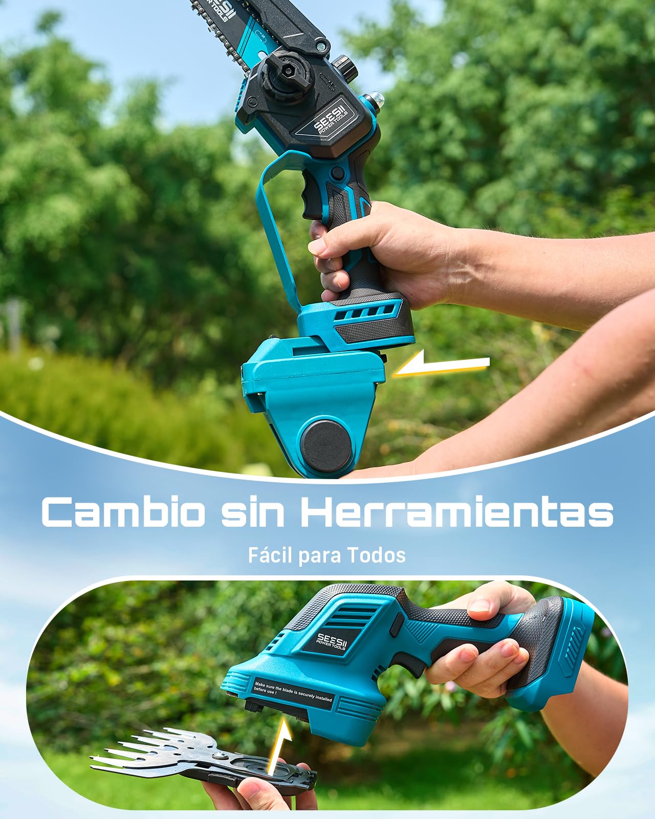 SEESII 6-en-1 Mini Motosierra y Cortasetos a Batería, con 2 * 4000mAh Baterías, Motosierra Electrica con Pértiga Telescópica, Alcance Máximo de hasta 4,57 m, con 30 ml Tanque de Aceite