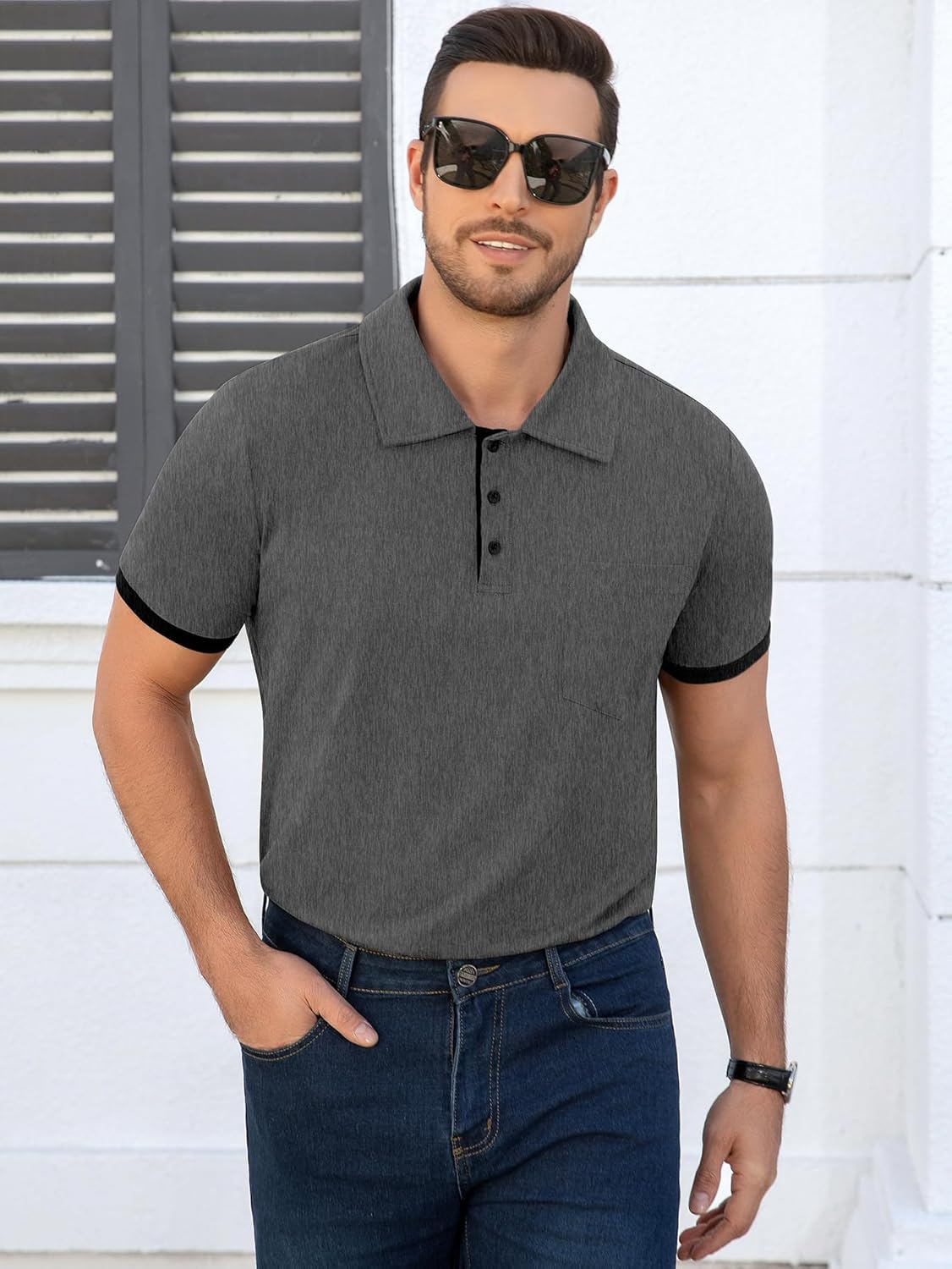 Men's Casual Polo Shirts Short Sleeve Contrast Cuff Summer Collared Buttoned Polos T-Shirt with Pocket - Image 4