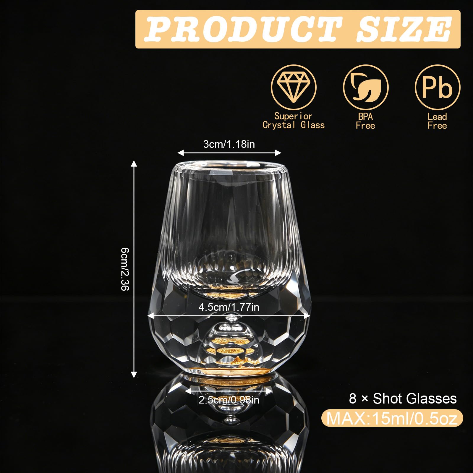 8 Pièces 15ml Verres à Shot en Diamant avec d’Or 24K pour Liqueurs