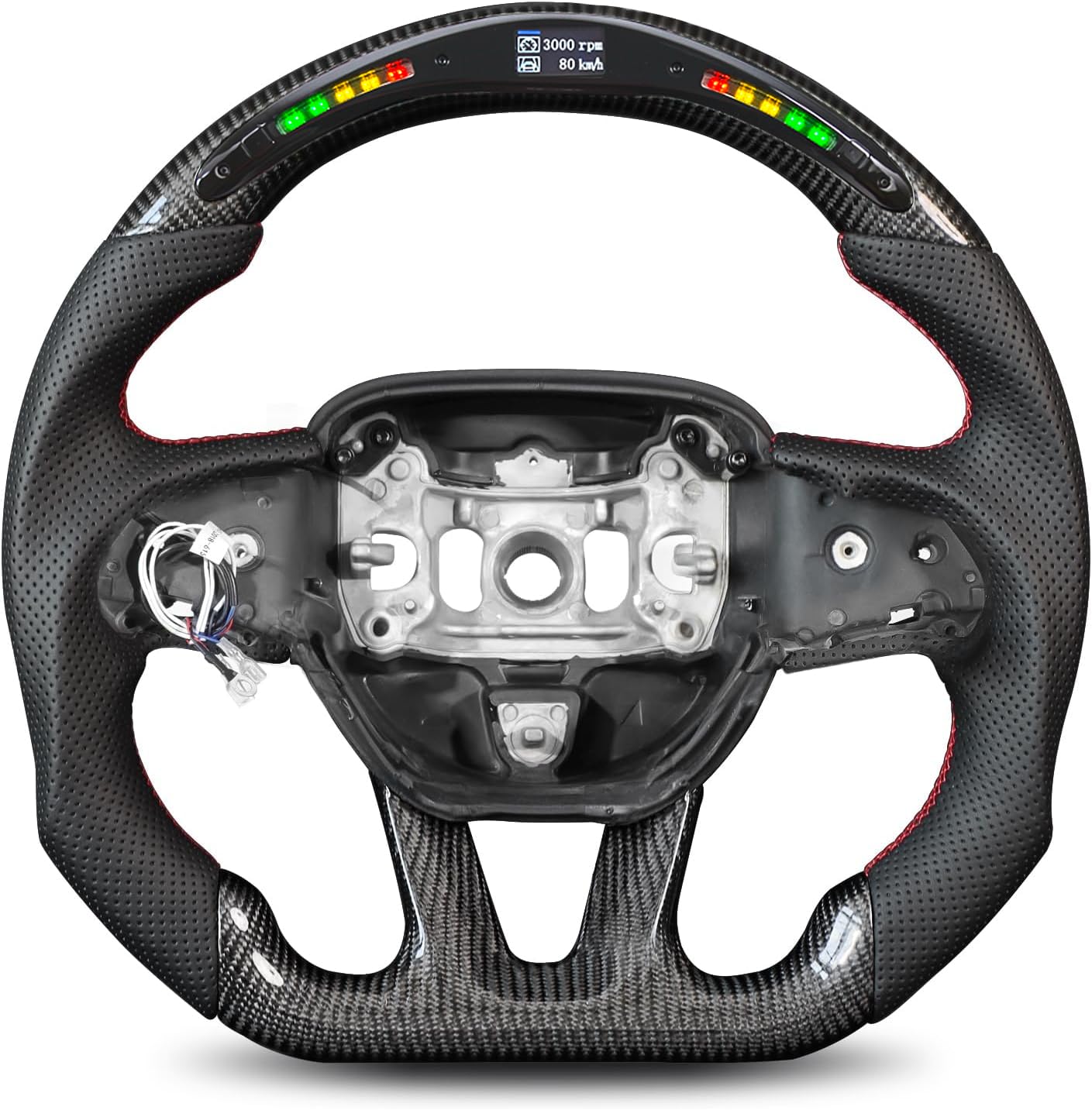 Tesfeel Carbon Fiber Steering Wheel for Dodge Charger for Dodge Challenger 2015-2024 Perforated Leather with 20 LED Shift Indicator Steering Wheel D-shaped Flat-bottom(SXT/GT/RT/SRT/For Hellcat)