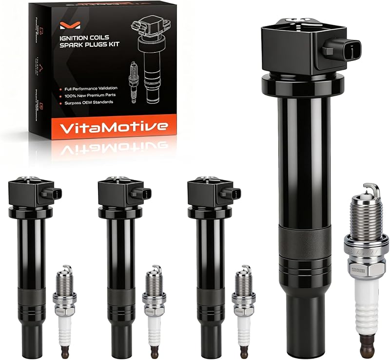 Kit de bobinas de ignição e velas VitaMotive UF499 para Hyundai Accent, Kia Rio, Rio5, Rondo e Dodge Attitude – 4 bobinas + 4 velas