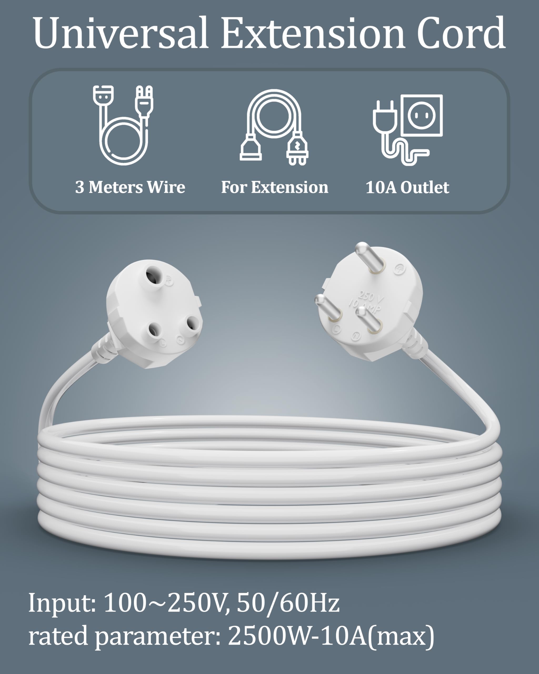 FEDUS Long 18AWG Heavy Duty Male to Female 3 Pin Power Extension Cord Wire, 10amp Indoor Outdoor Power Extension Electrical Extender Power Cable for appliances, Electronics, and Tools 3 Meter White — Amazon image 4