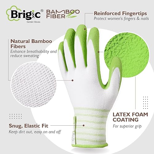 Miniatura 2 de Brigic Guantes de jardinería de bambú, con revestimiento de goma transpirable, táctiles, guantes de trabajo al aire libre para mujer, verde y morado