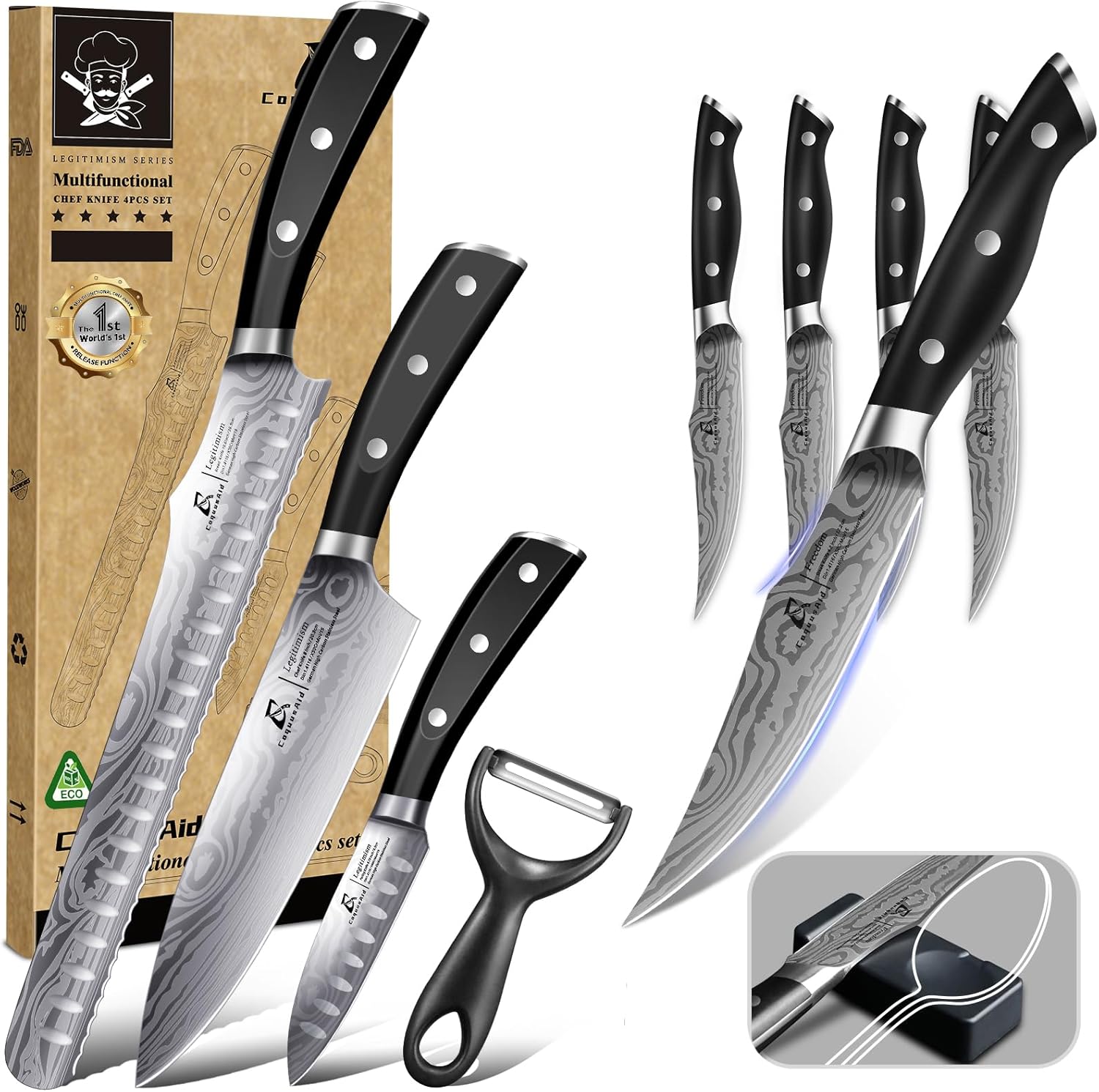 Steak Knives Set of 4+Essential Kitchen Knife Set, 4 Pcs