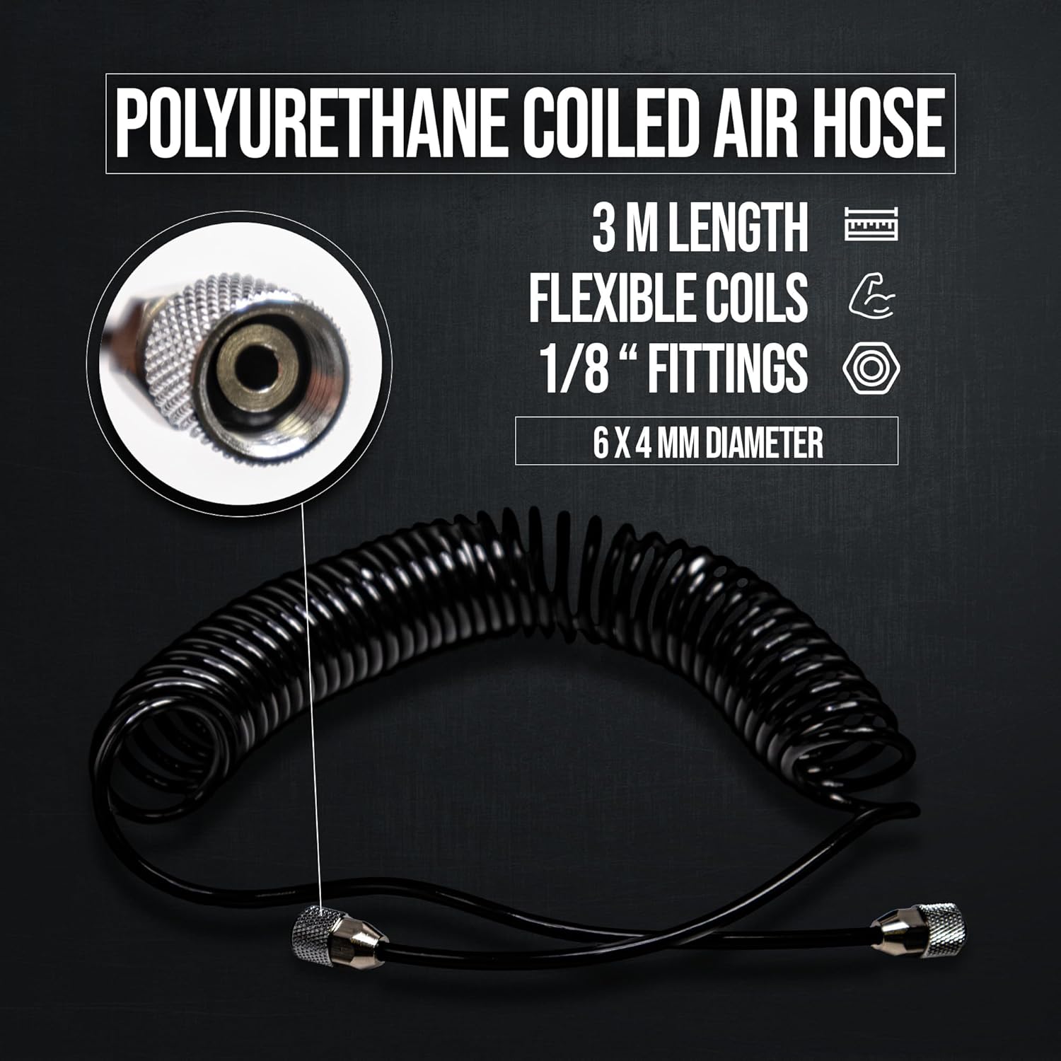 NO-NAME Brand 1/8"-1/8" Black Polyurethane Coiled Air Hose (3m)