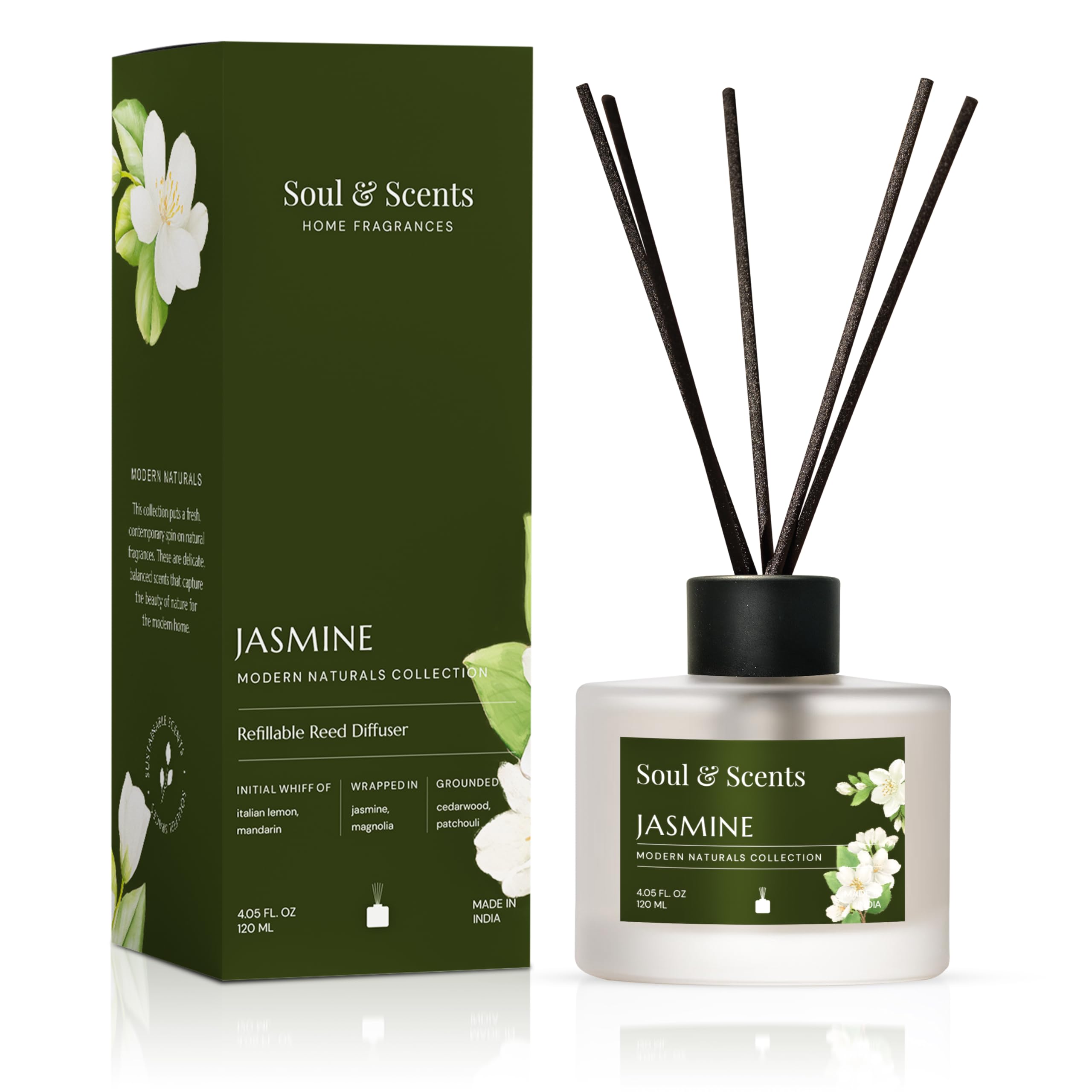 Soul & Scents Glass 120ml Jasmine Reed Diffuser Set | Free 6 Fiber Reed Sticks | Stress Relief & Aromatherapy | Long-Lasting, Smoke-Free Air Freshener for Home, Bedroom & Office | Ideal for Gifting