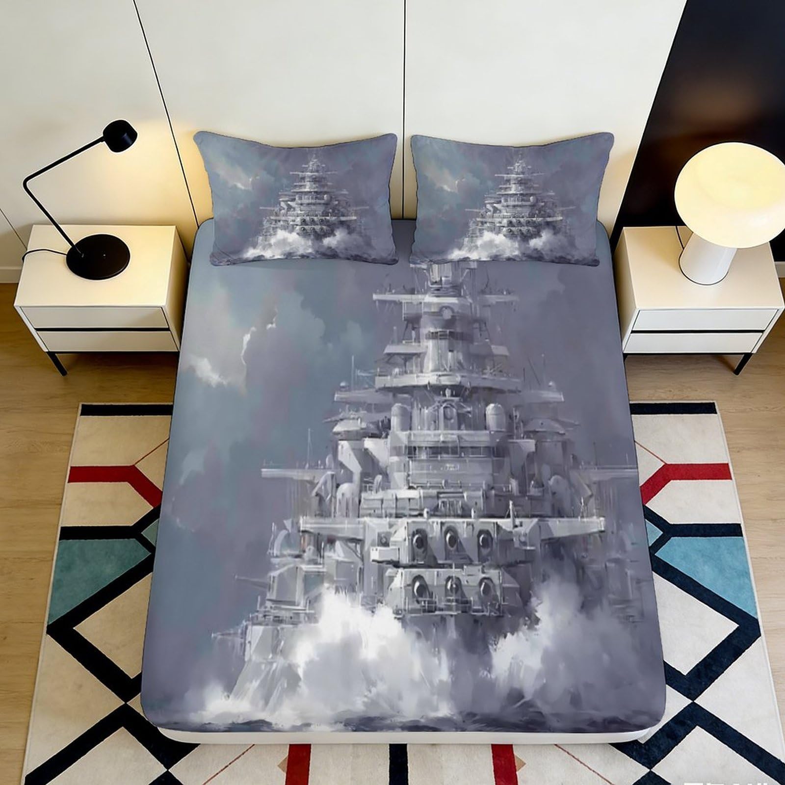 3D Printed Battleship Ocean Fitted Sheet Microfiber Soft Grey Navy Warship Bed Cover for Bedroom Guest Room Decor 90x200x25cm
