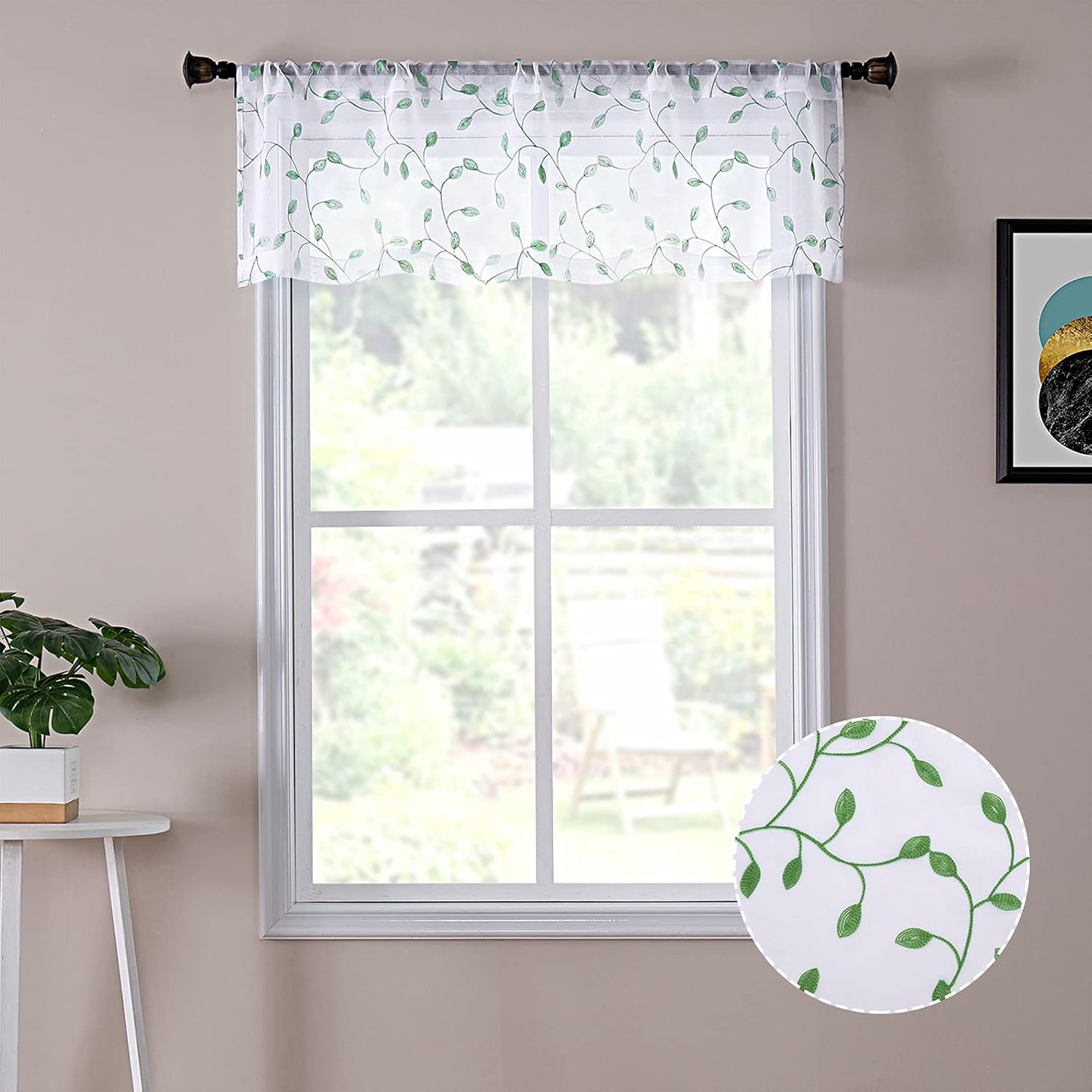 Tollpiz Leaves Sheer Valance Curtains Green Leaf Embroidery Bedroom Curtain Rod Pocket Voile Curtains for Living Room, 54 x 16 inches Long, Set of 1 Panel