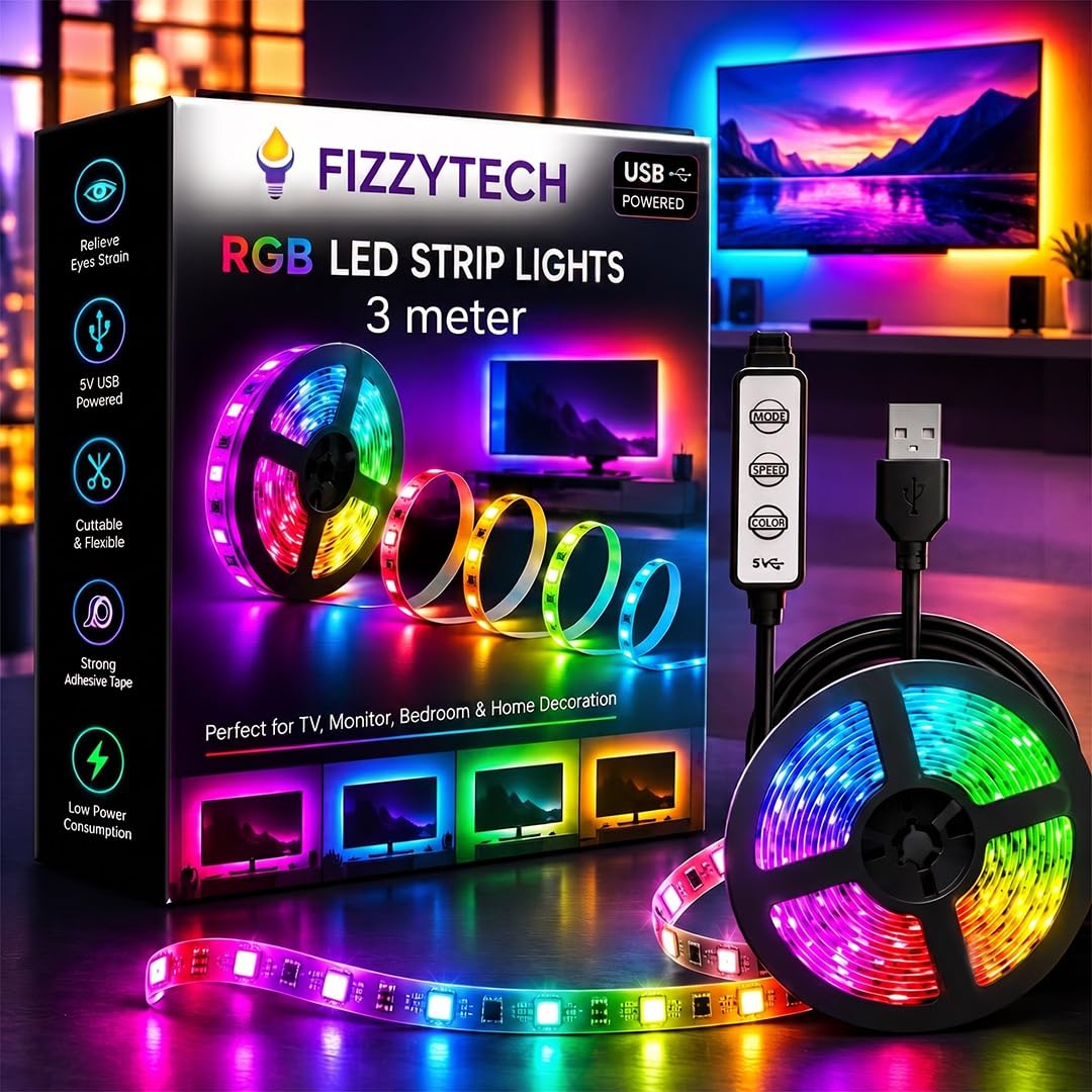 fizzytech USB 5V 5050 RGB LED Strip Light, 3 Meter with Mini Controller, Multicolour TV Backlight for 43 to 55 Inch TV, PC & Laptop