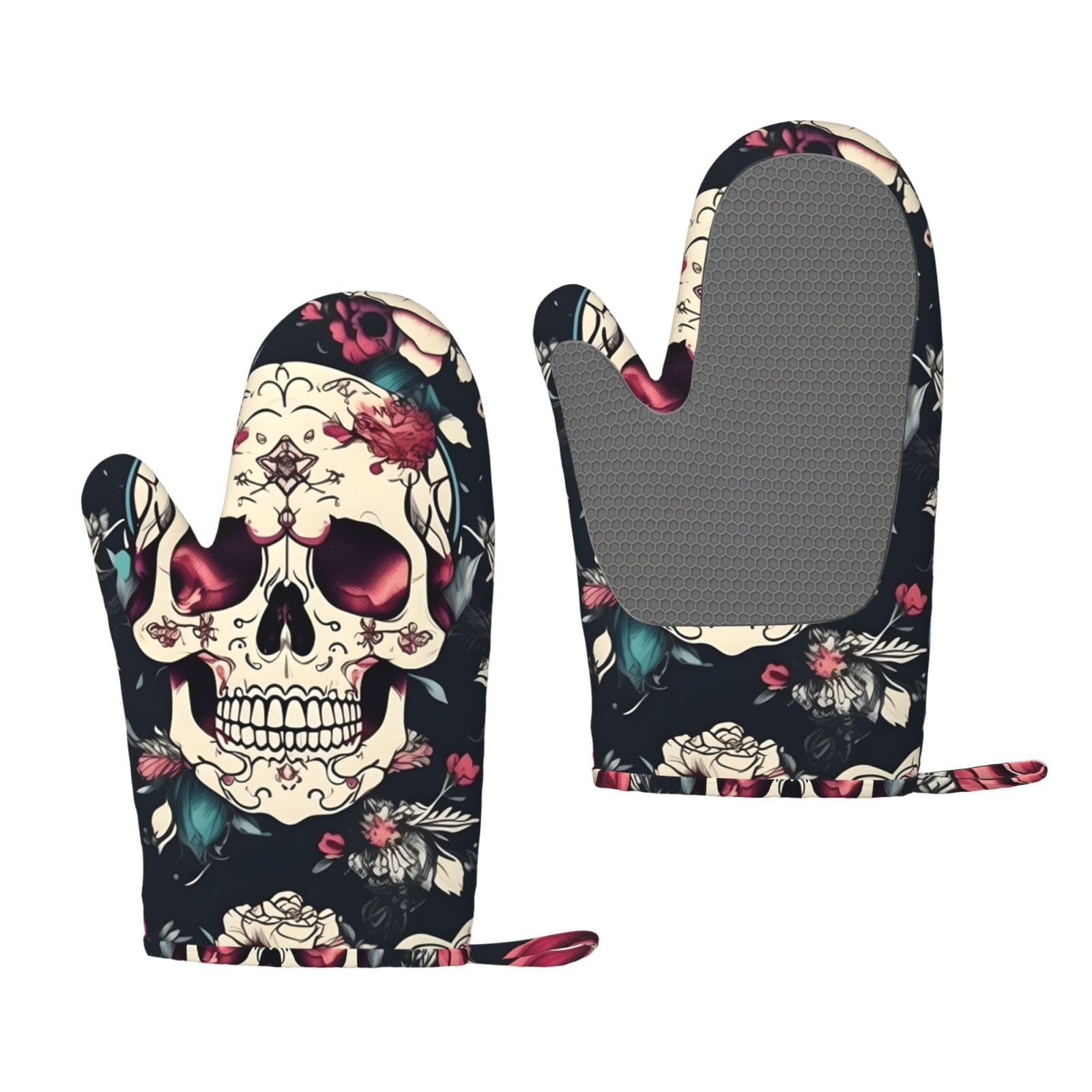 Flowers Skull Ornamental Pattern Print Oven Mitt Non-Slip Heat-Insulating Silicone Ovens Mitts Kitchen