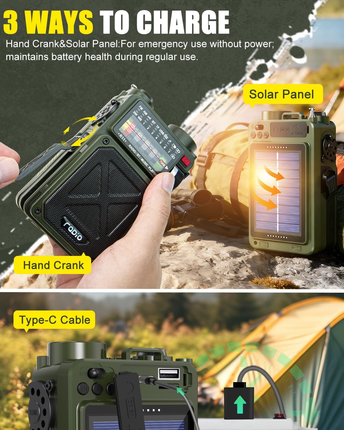 R11 Emergency Crank Radio - 4000mAh/14800mWh NOAA/SW/AM/FM, Solar/Hand Crank/USB Charging, Bluetooth Receiver/USB/TF Playback,with Compass,Flashlight,SOS for Camping & Emergencies - Green - Image 6